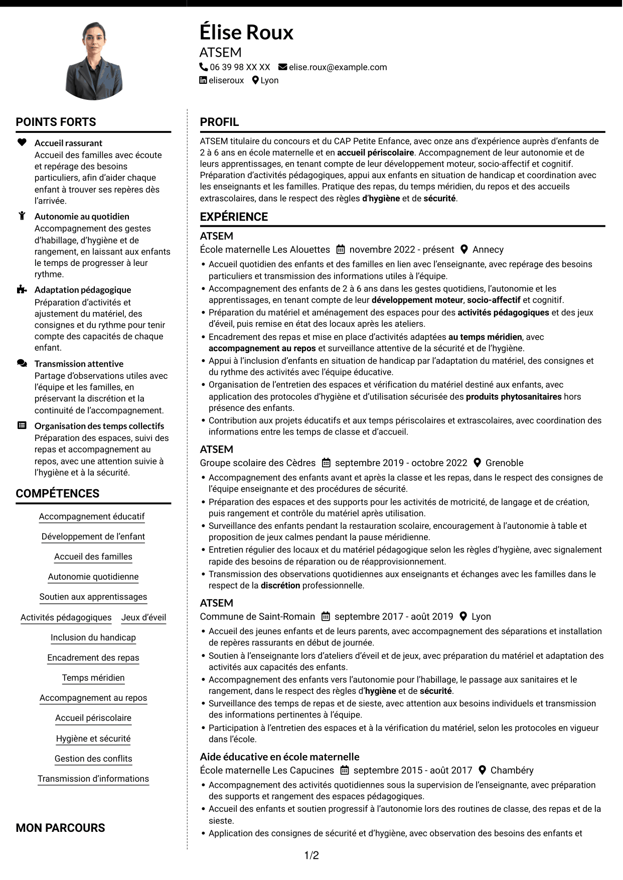 CV Moderne (format à deux colonnes avec photo à gauche et séparateur) : ATSEM - Accompagnement éducatif en maternelle, page 1