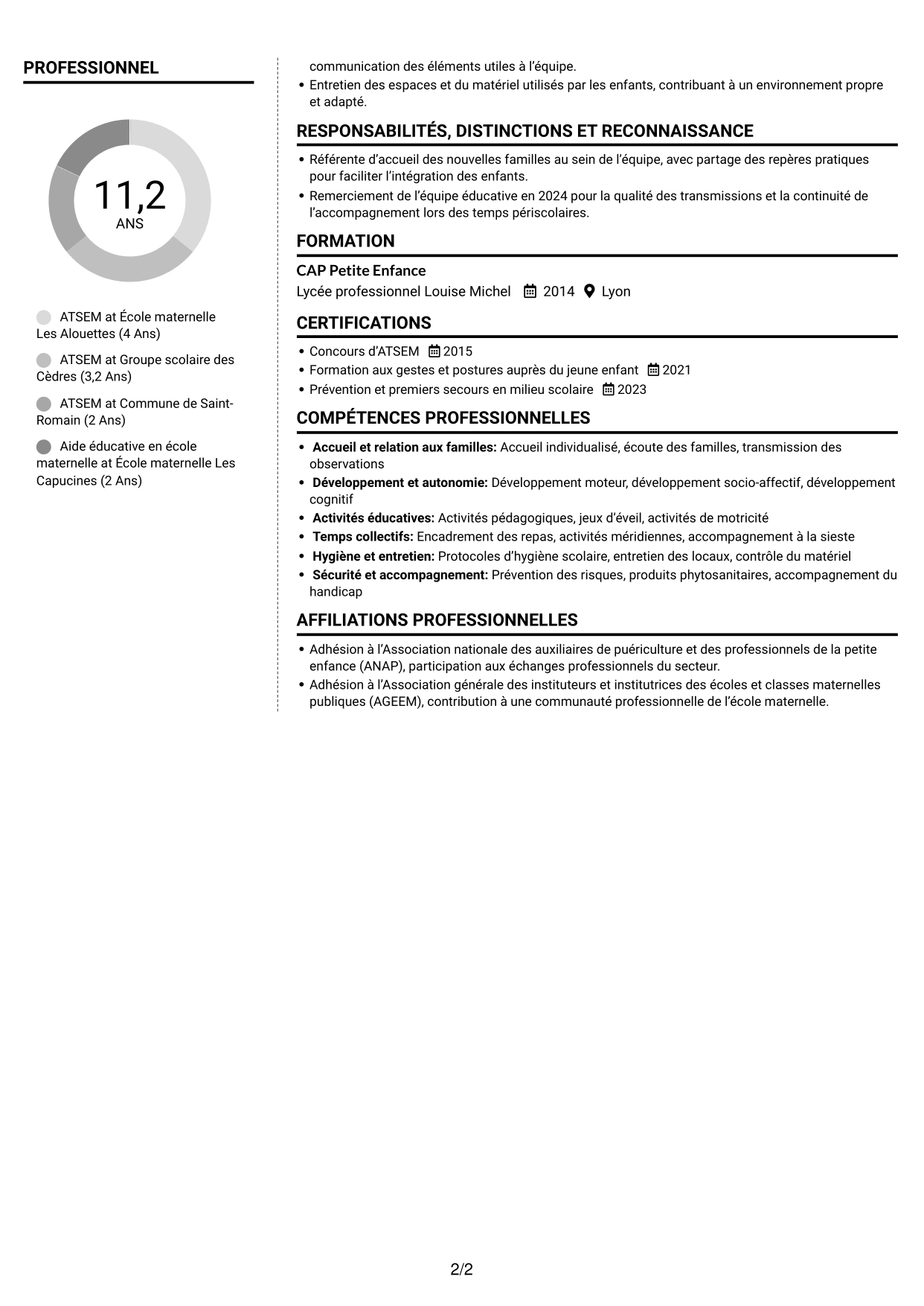 CV Moderne (format à deux colonnes avec photo à gauche et séparateur) : ATSEM - Accompagnement éducatif en maternelle, page 2