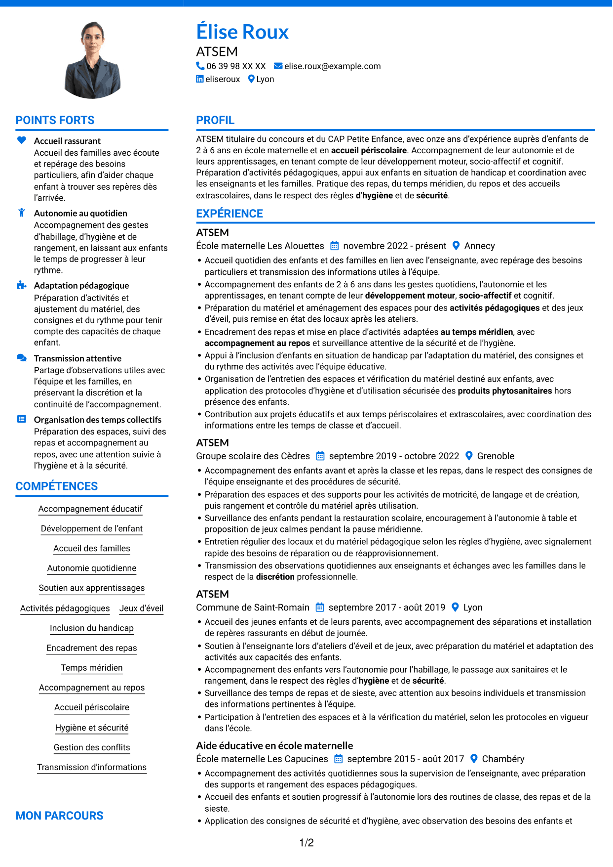 CV Audacieux (format à deux colonnes avec accents colorés et photo) : ATSEM - Accompagnement éducatif en maternelle, page 1