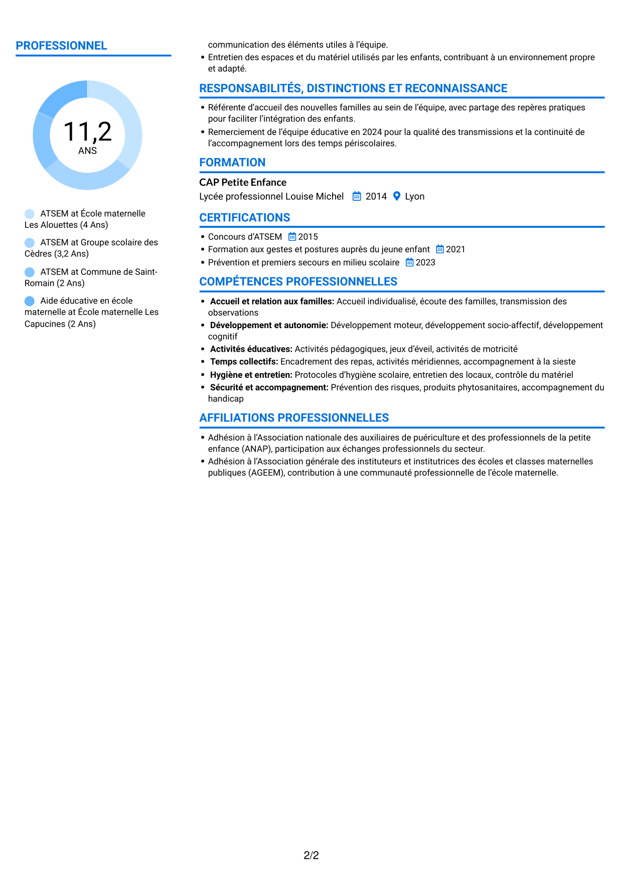 CV Audacieux (format à deux colonnes avec accents colorés et photo) : ATSEM - Accompagnement éducatif en maternelle, page 2