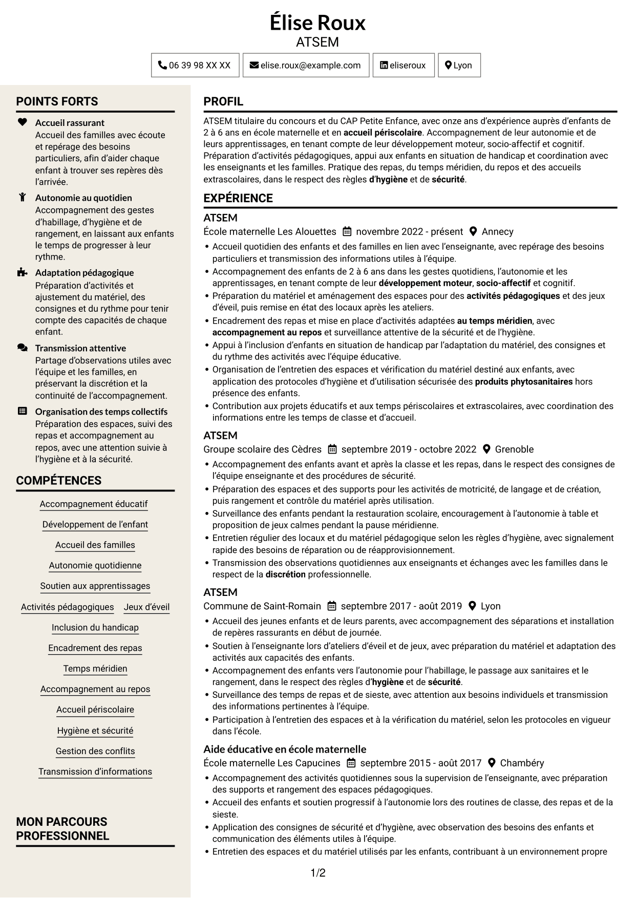 CV Fonceur (format à deux colonnes avec en-tête centré sans photo) : ATSEM - Accompagnement éducatif en maternelle, page 1