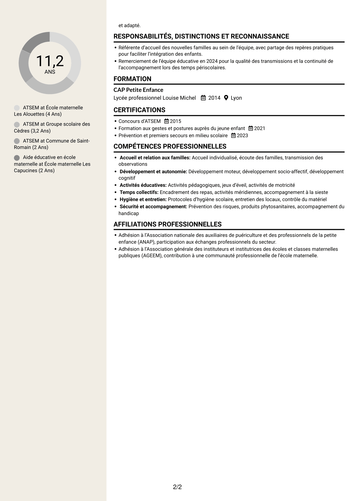CV Fonceur (format à deux colonnes avec en-tête centré sans photo) : ATSEM - Accompagnement éducatif en maternelle, page 2