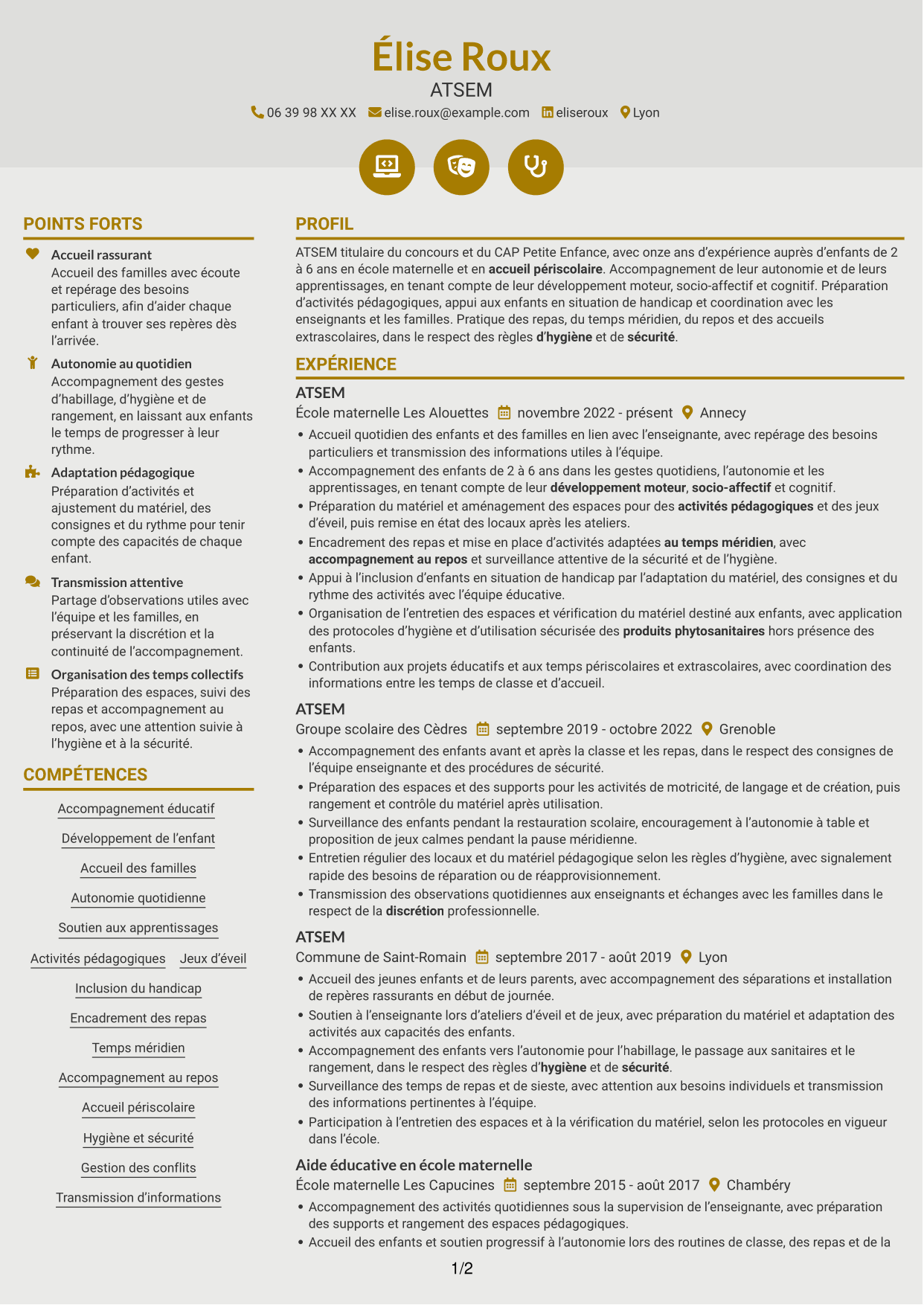 CV Dynamique (format à deux colonnes avec icônes) : ATSEM - Accompagnement éducatif en maternelle, page 1