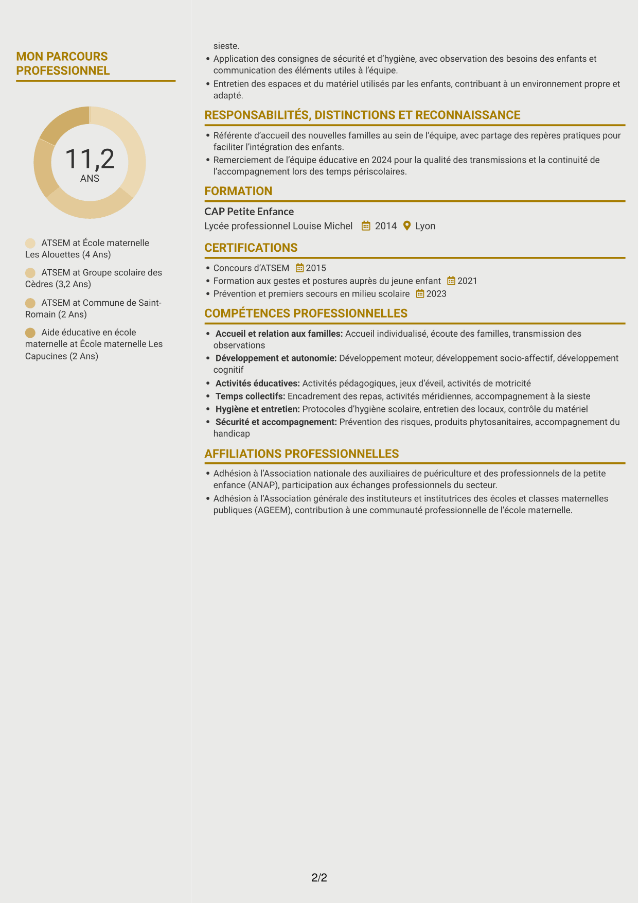 CV Dynamique (format à deux colonnes avec icônes) : ATSEM - Accompagnement éducatif en maternelle, page 2
