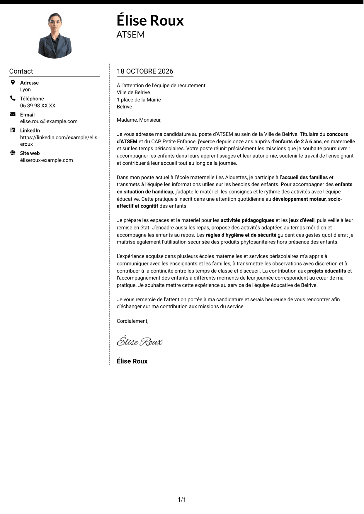Lettre de motivation Moderne (format à deux colonnes avec photo à gauche et séparateur) : ATSEM - Accompagnement éducatif en maternelle, page 1