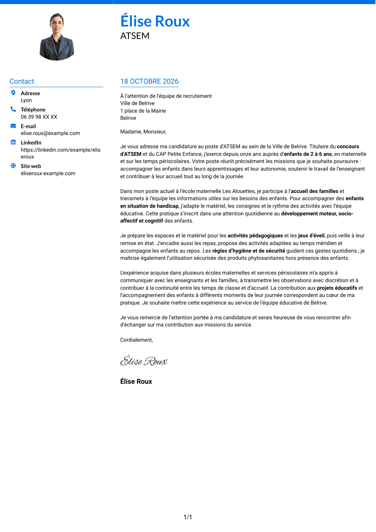 Lettre de motivation Audacieux (format à deux colonnes avec accents colorés et photo) : ATSEM - Accompagnement éducatif en maternelle, page 1