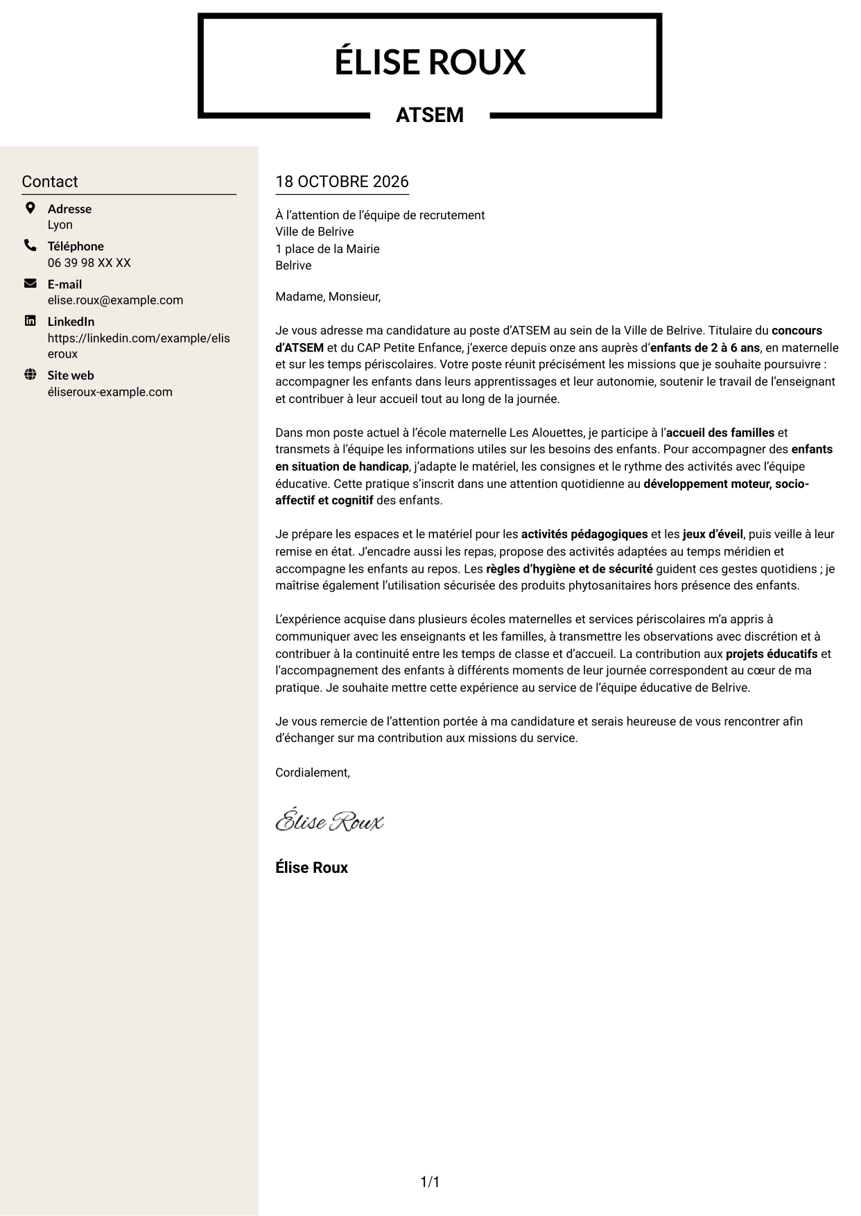 Lettre de motivation Fonceur (format à deux colonnes avec en-tête centré sans photo) : ATSEM - Accompagnement éducatif en maternelle, page 1