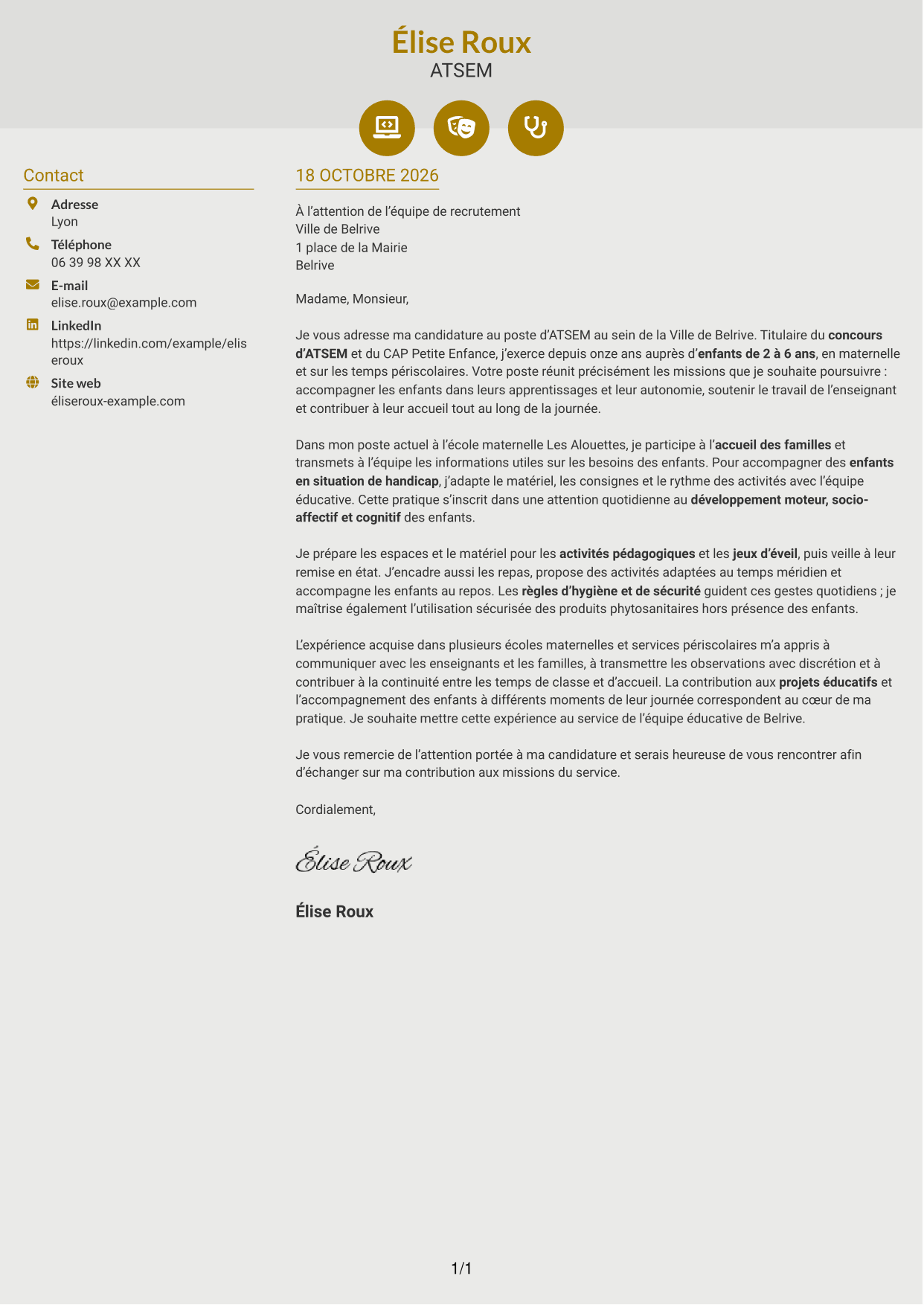 Lettre de motivation Dynamique (format à deux colonnes avec icônes) : ATSEM - Accompagnement éducatif en maternelle, page 1