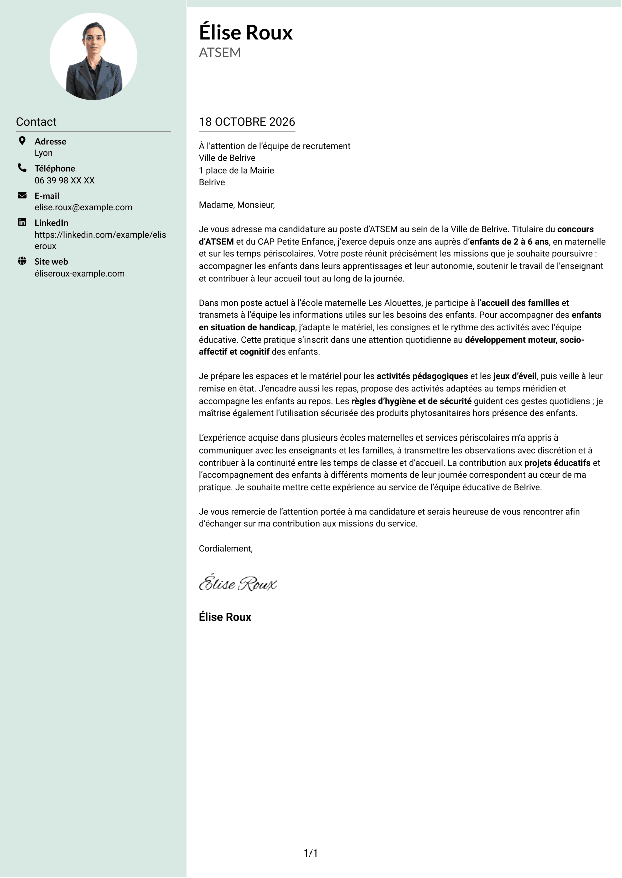 Lettre de motivation Cadre (format à colonne latérale douce avec photo arrondie) : ATSEM - Accompagnement éducatif en maternelle, page 1