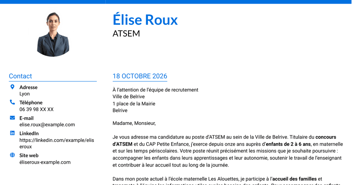 7 modèles de lettre de motivation pour ATSEM - Accompagnement éducatif en maternelle, avec exemples