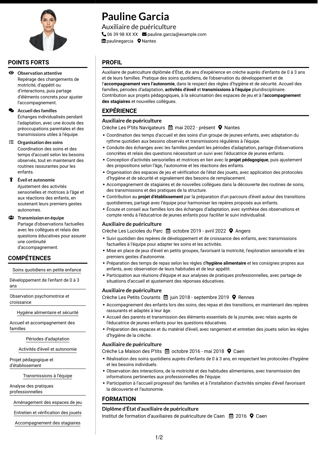 CV Moderne (format à deux colonnes avec photo à gauche et séparateur) : Auxiliaire de puériculture - Crèche et éveil, page 1