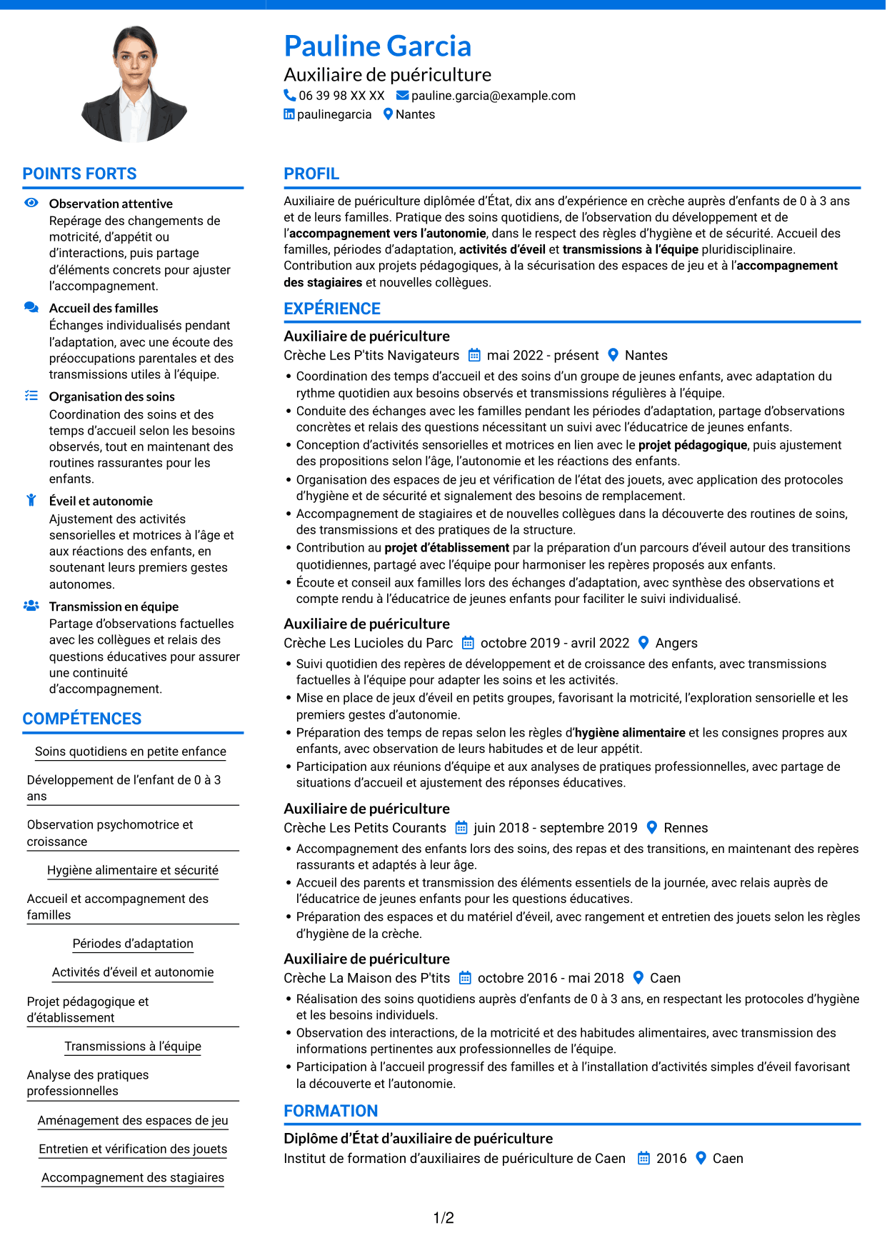 CV Audacieux (format à deux colonnes avec accents colorés et photo) : Auxiliaire de puériculture - Crèche et éveil, page 1