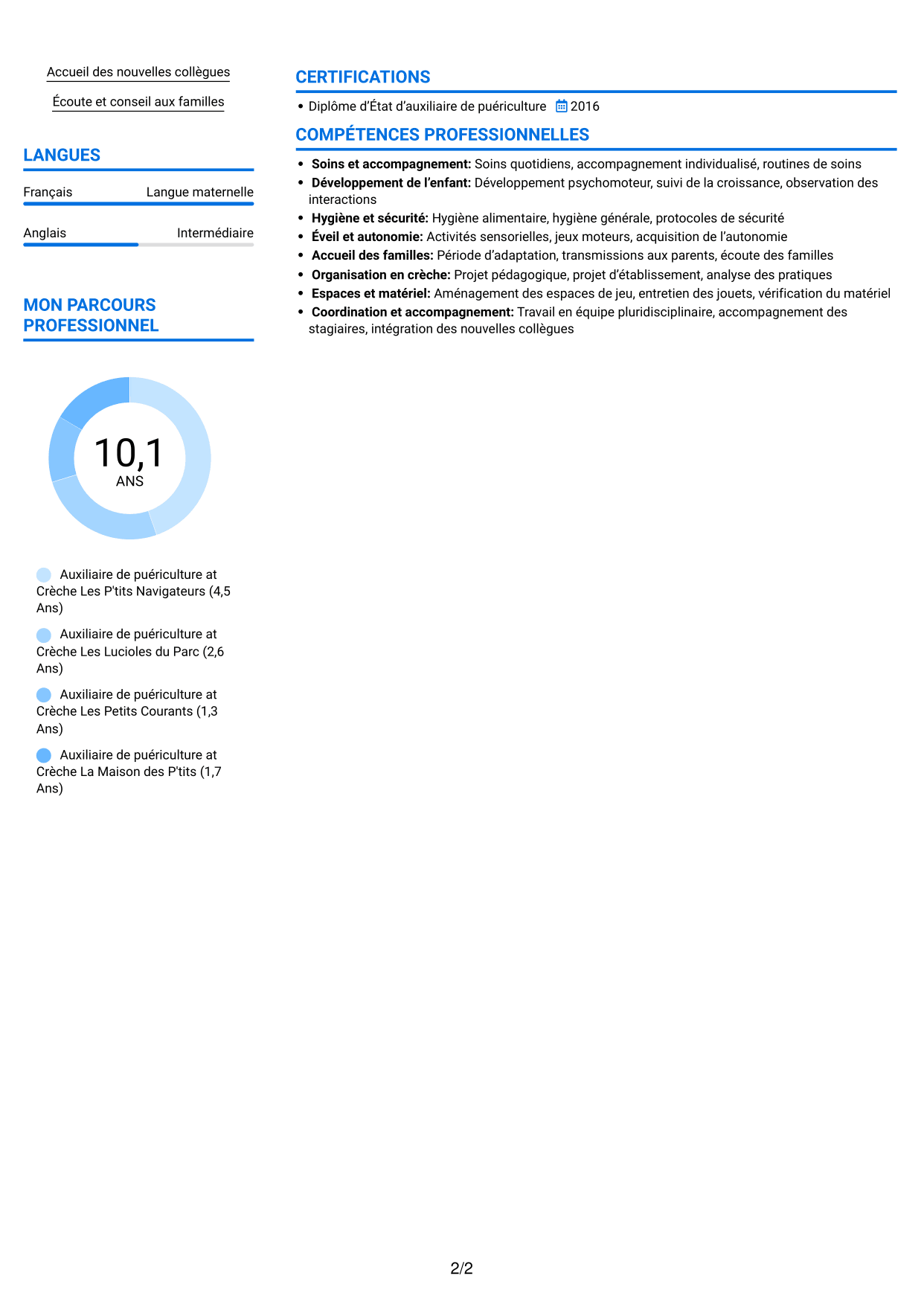 CV Audacieux (format à deux colonnes avec accents colorés et photo) : Auxiliaire de puériculture - Crèche et éveil, page 2