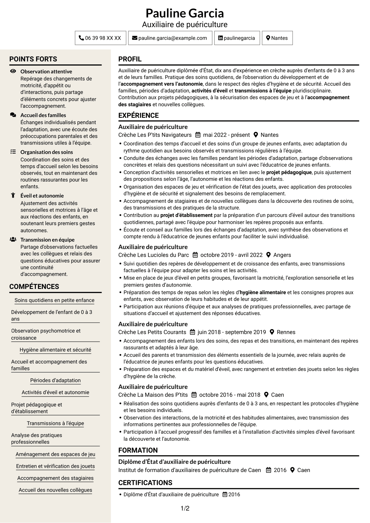 CV Fonceur (format à deux colonnes avec en-tête centré sans photo) : Auxiliaire de puériculture - Crèche et éveil, page 1