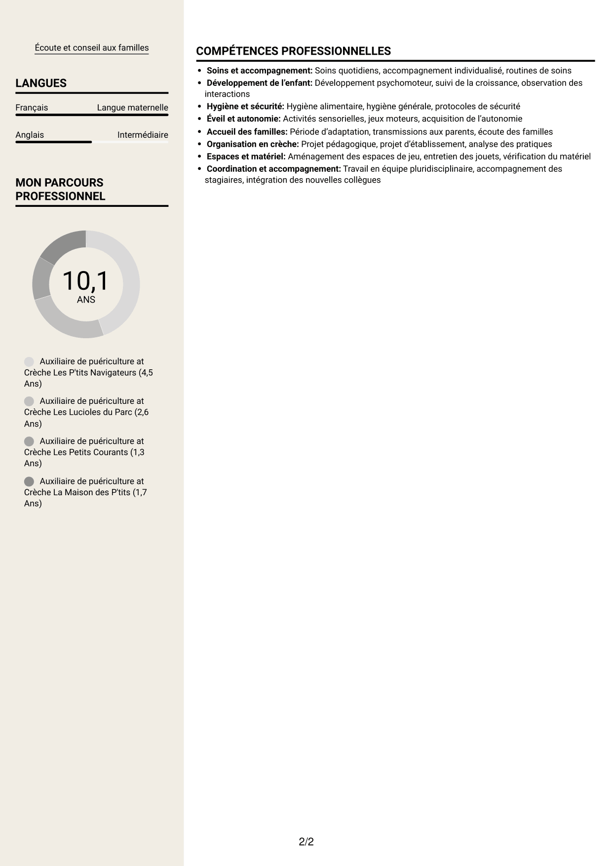 CV Fonceur (format à deux colonnes avec en-tête centré sans photo) : Auxiliaire de puériculture - Crèche et éveil, page 2