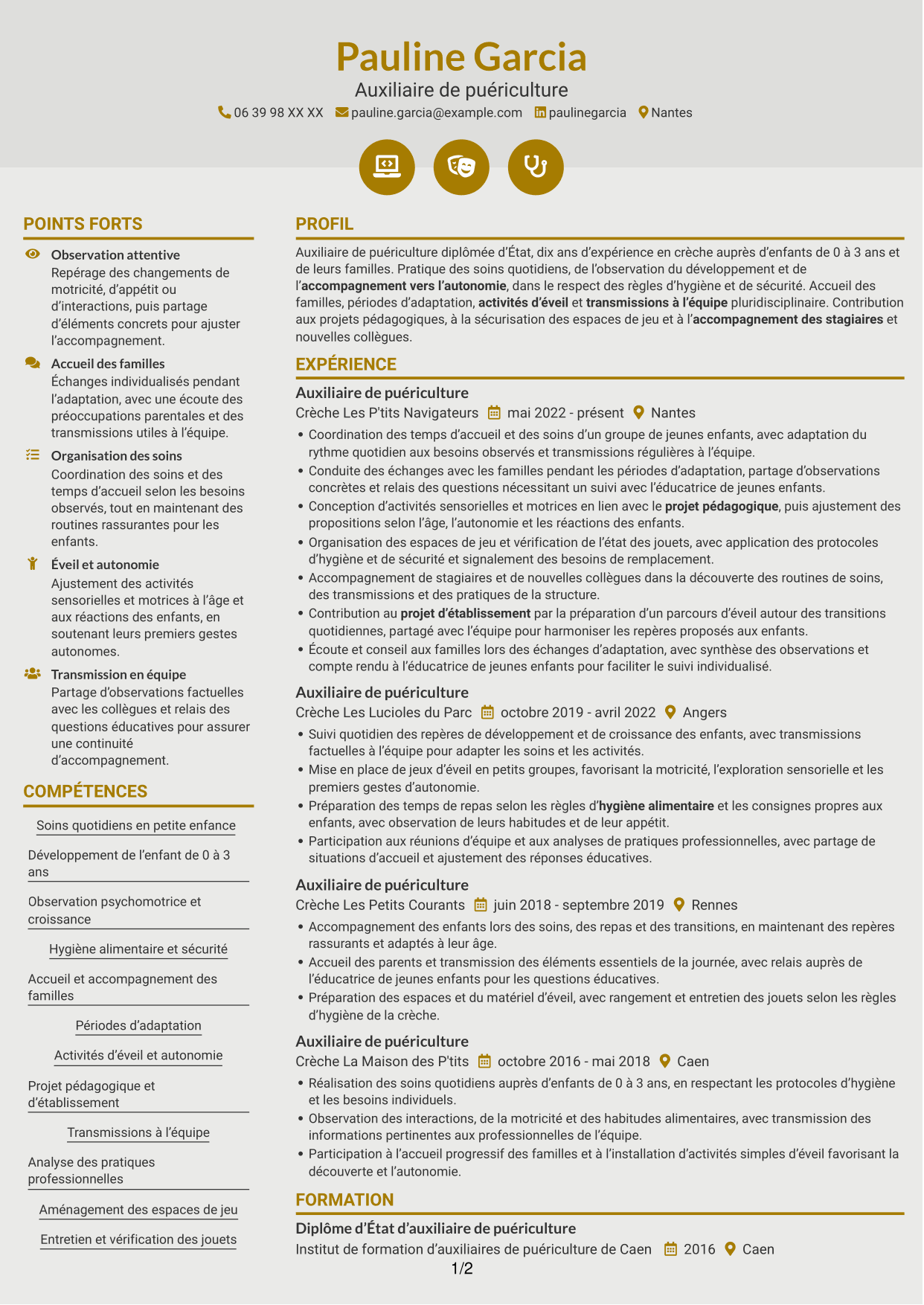 CV Dynamique (format à deux colonnes avec icônes) : Auxiliaire de puériculture - Crèche et éveil, page 1