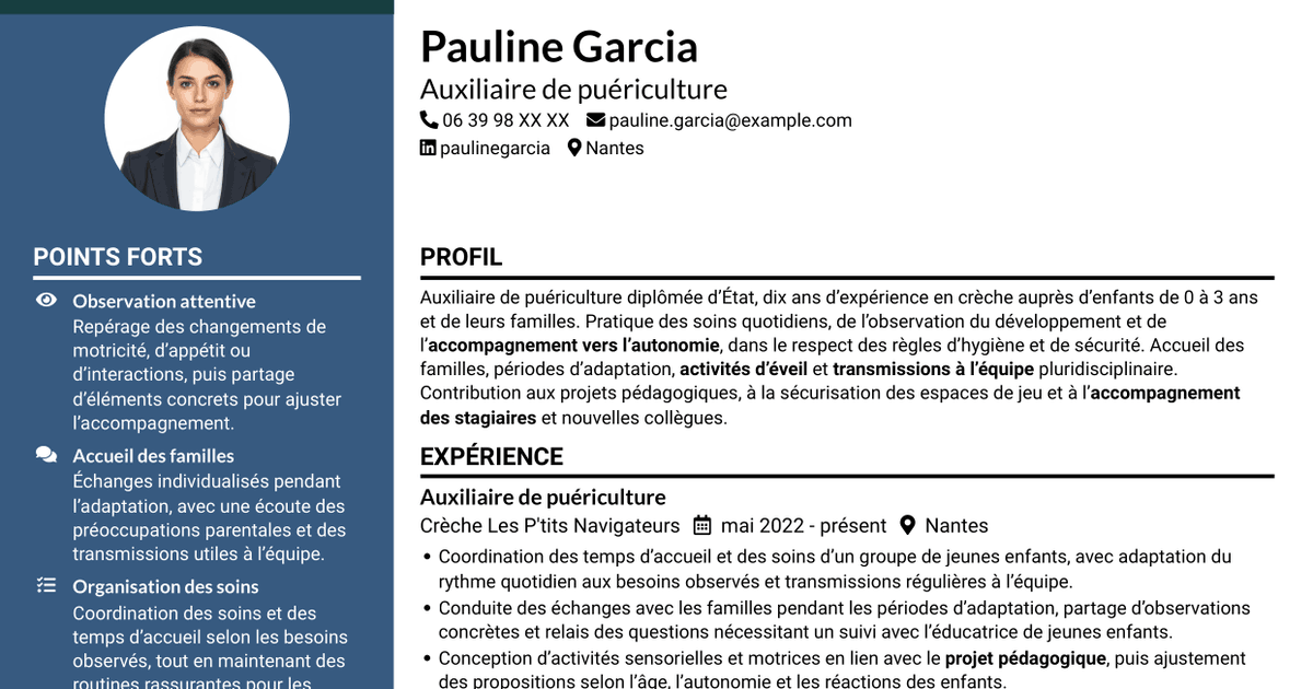 7 modèles de CV pour Auxiliaire de puériculture - Crèche et éveil, avec exemples