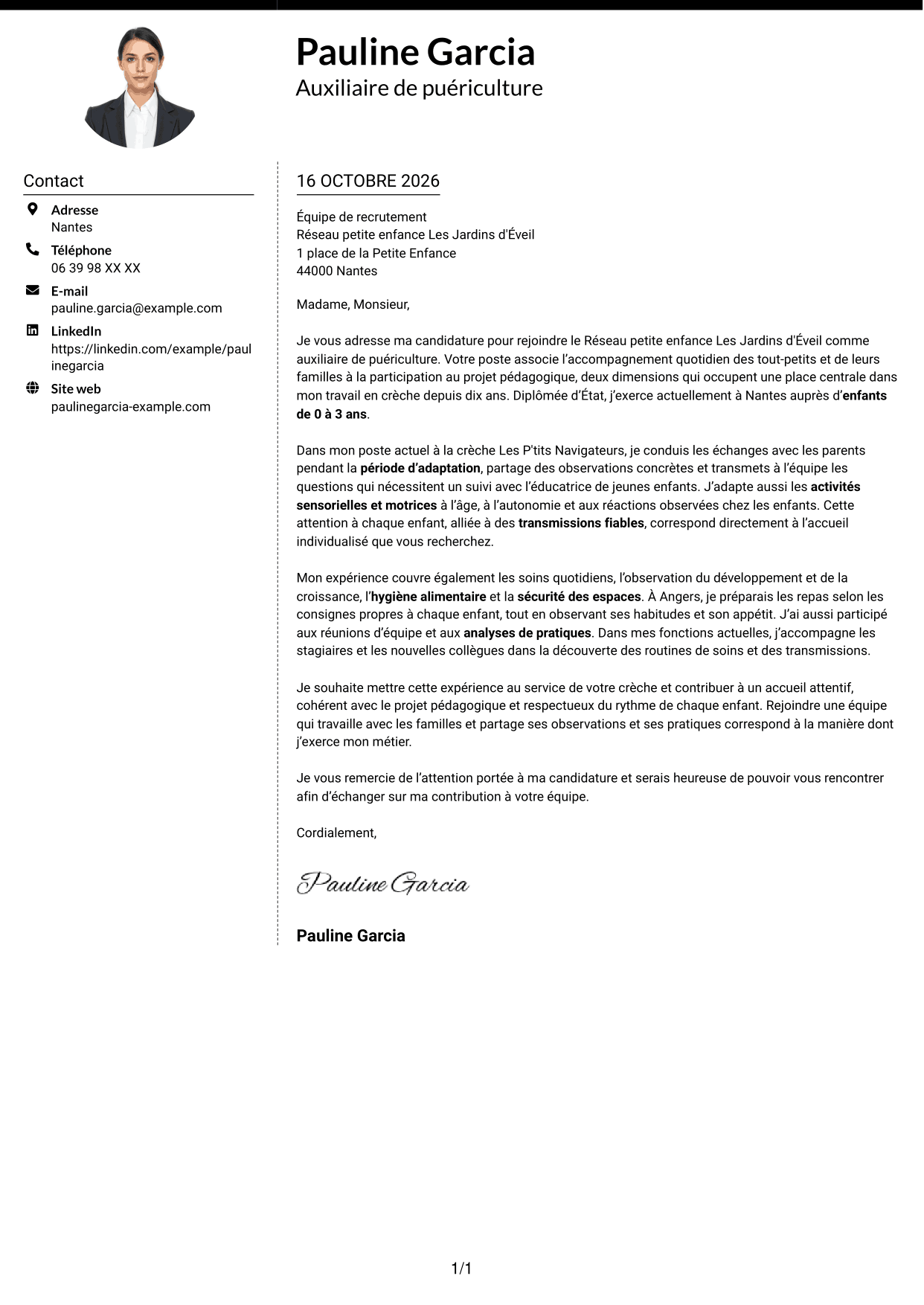 Lettre de motivation Moderne (format à deux colonnes avec photo à gauche et séparateur) : Auxiliaire de puériculture - Crèche et éveil, page 1