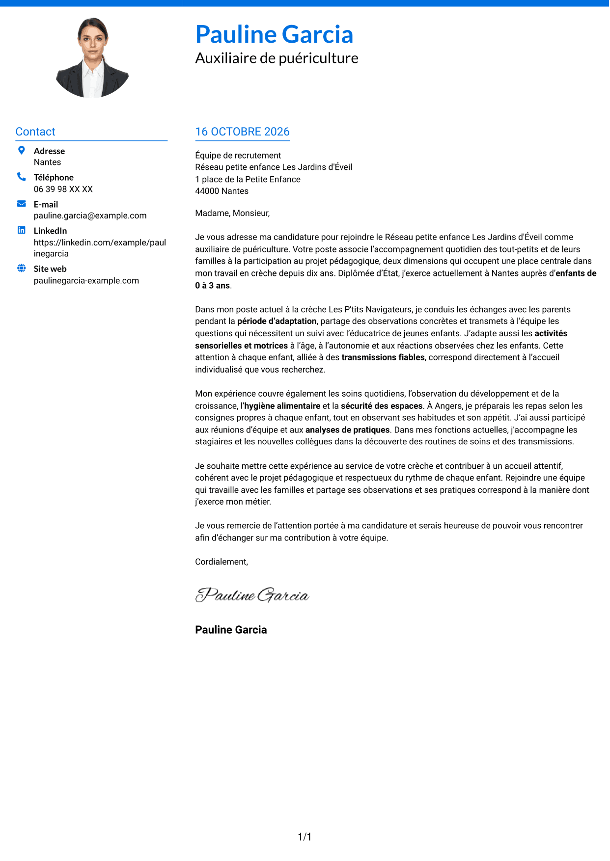 Lettre de motivation Audacieux (format à deux colonnes avec accents colorés et photo) : Auxiliaire de puériculture - Crèche et éveil, page 1