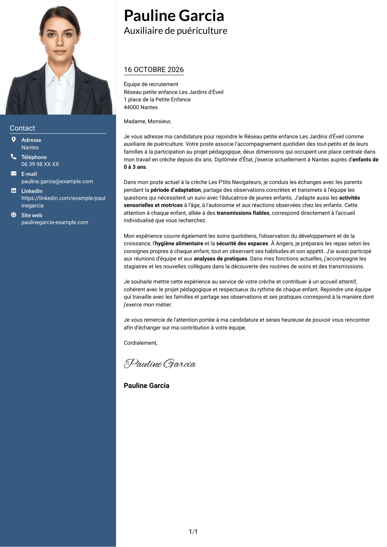 Lettre de motivation Signature (format à colonne latérale colorée avec grande photo) : Auxiliaire de puériculture - Crèche et éveil, page 1