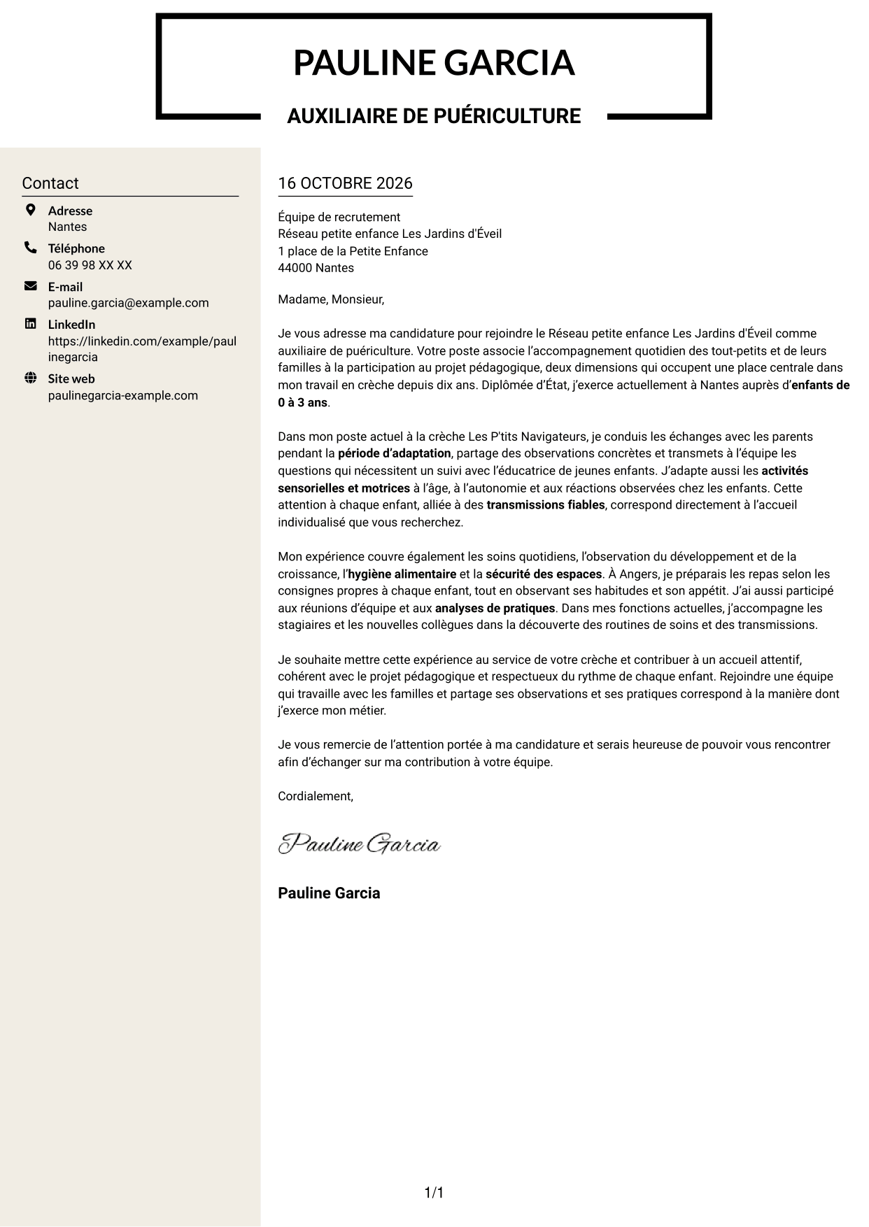 Lettre de motivation Fonceur (format à deux colonnes avec en-tête centré sans photo) : Auxiliaire de puériculture - Crèche et éveil, page 1