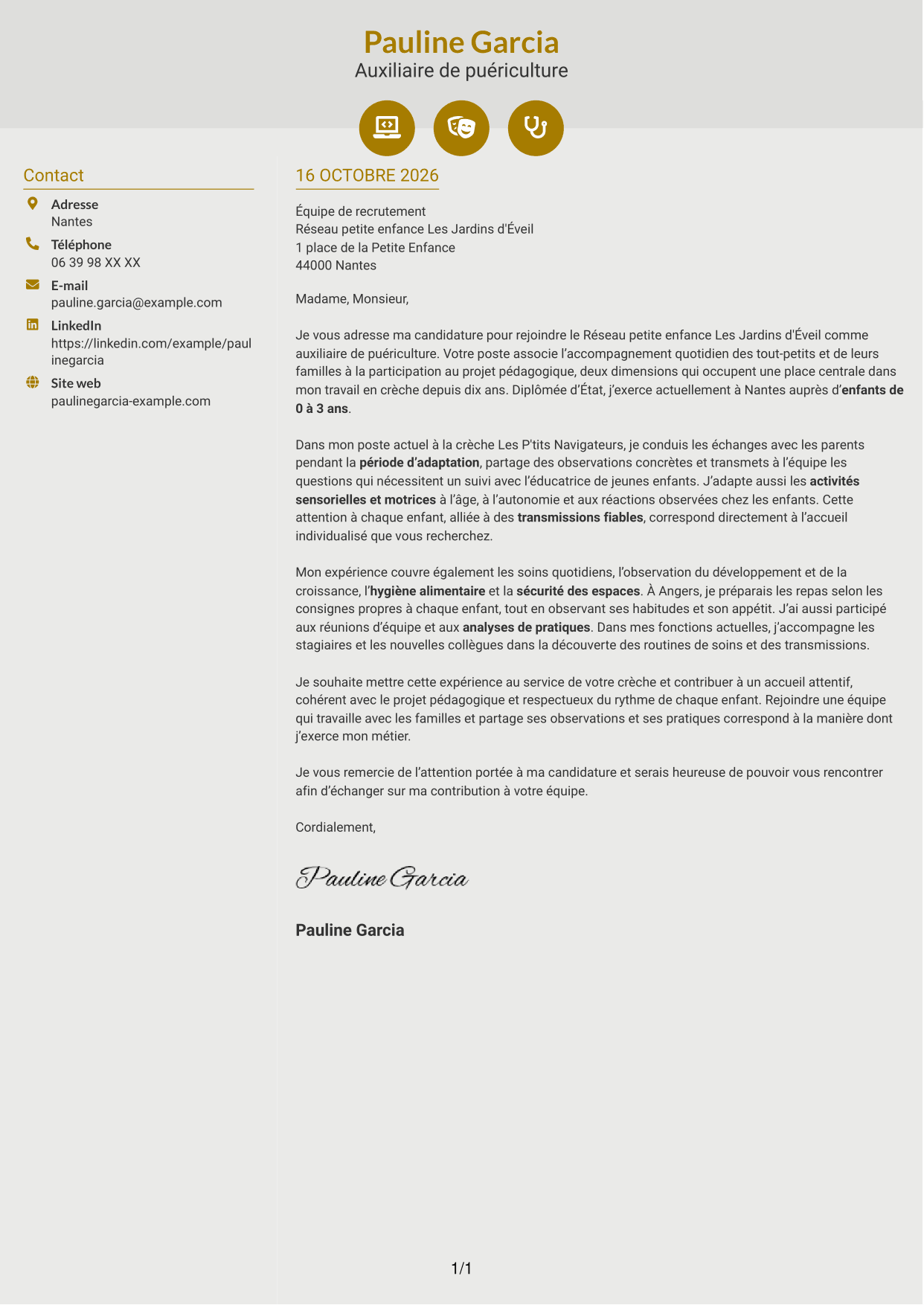 Lettre de motivation Dynamique (format à deux colonnes avec icônes) : Auxiliaire de puériculture - Crèche et éveil, page 1