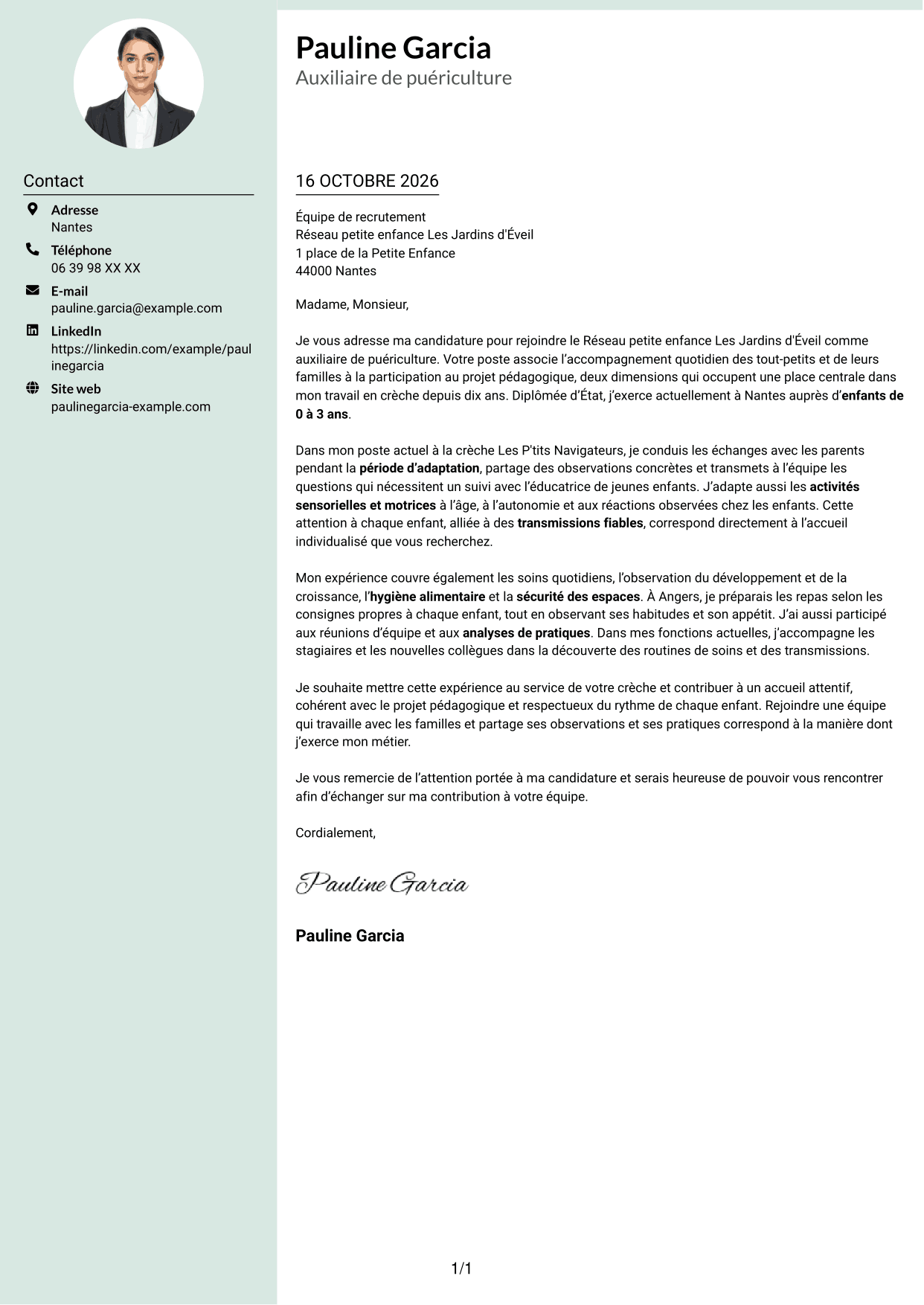 Lettre de motivation Cadre (format à colonne latérale douce avec photo arrondie) : Auxiliaire de puériculture - Crèche et éveil, page 1