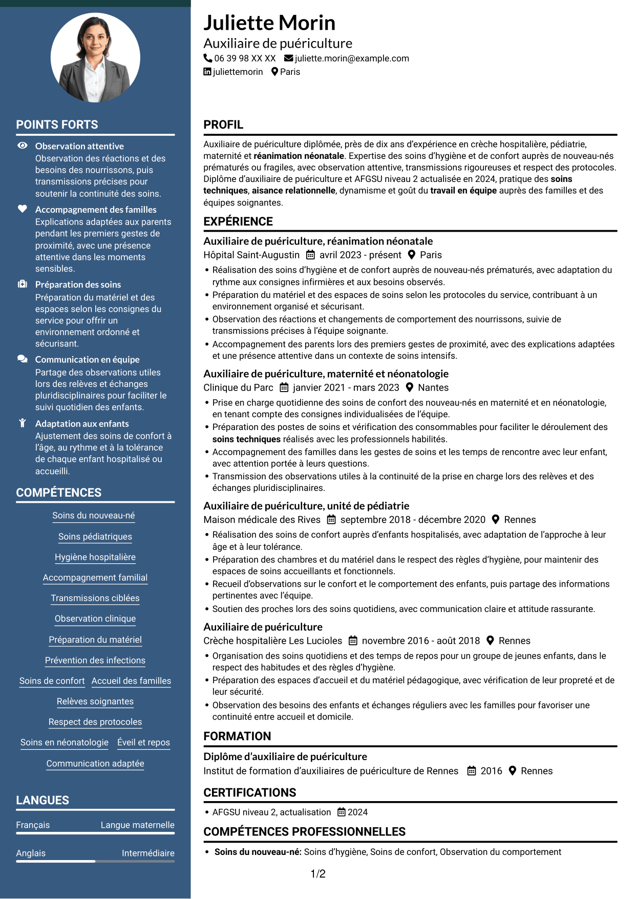 CV Élégant (format à colonne latérale colorée avec photo) : Auxiliaire de puériculture - Réanimation néonatale, page 1