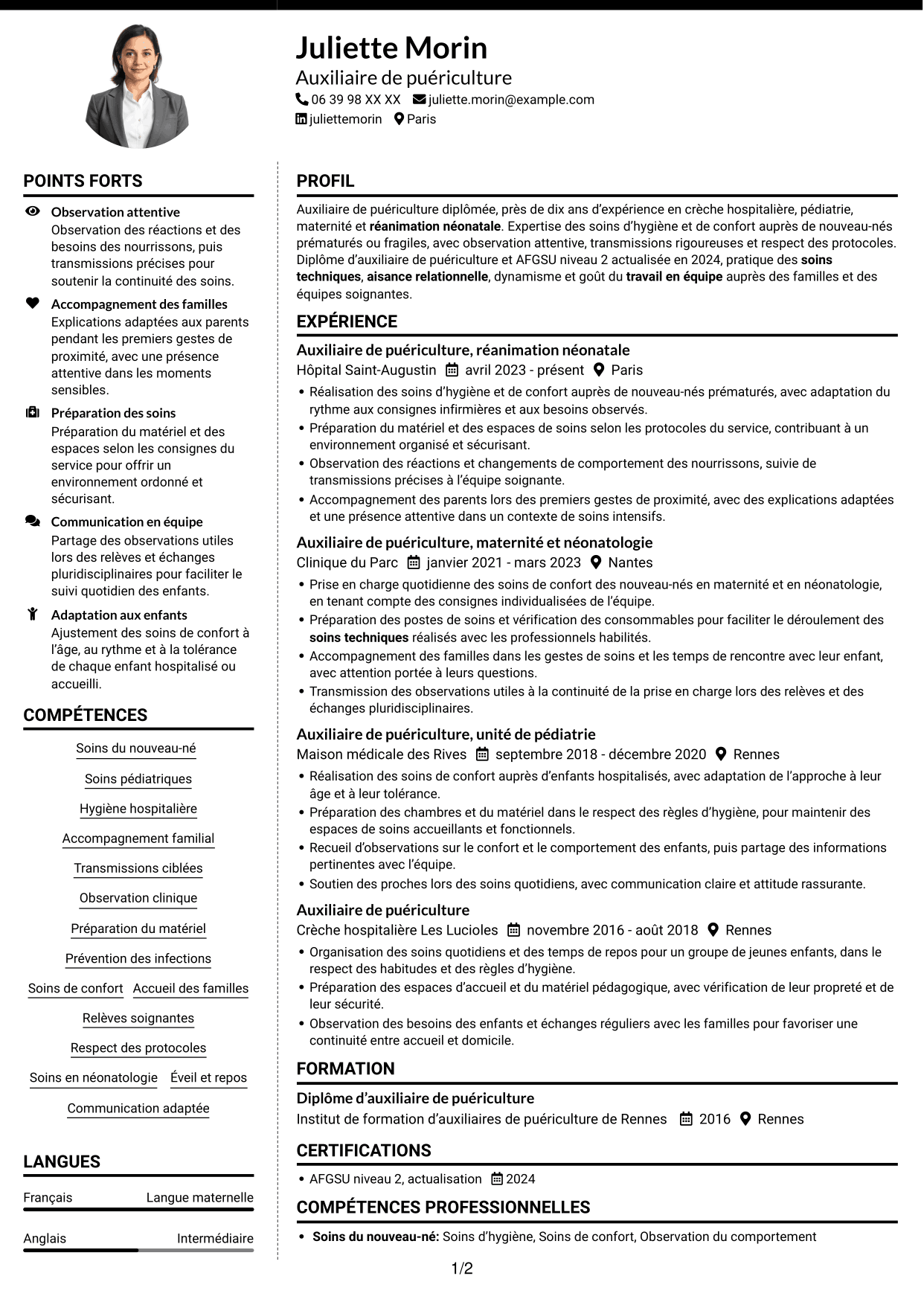 CV Moderne (format à deux colonnes avec photo à gauche et séparateur) : Auxiliaire de puériculture - Réanimation néonatale, page 1