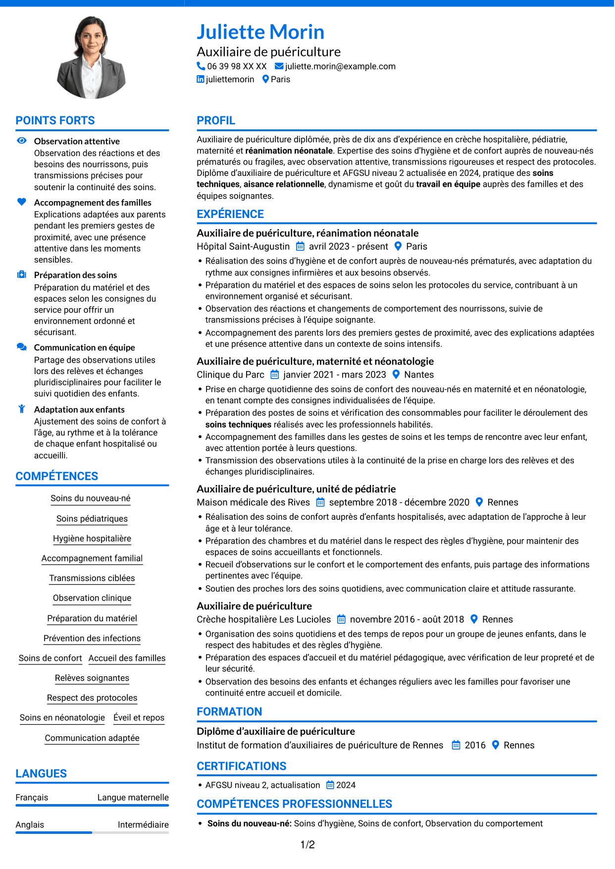 CV Audacieux (format à deux colonnes avec accents colorés et photo) : Auxiliaire de puériculture - Réanimation néonatale, page 1