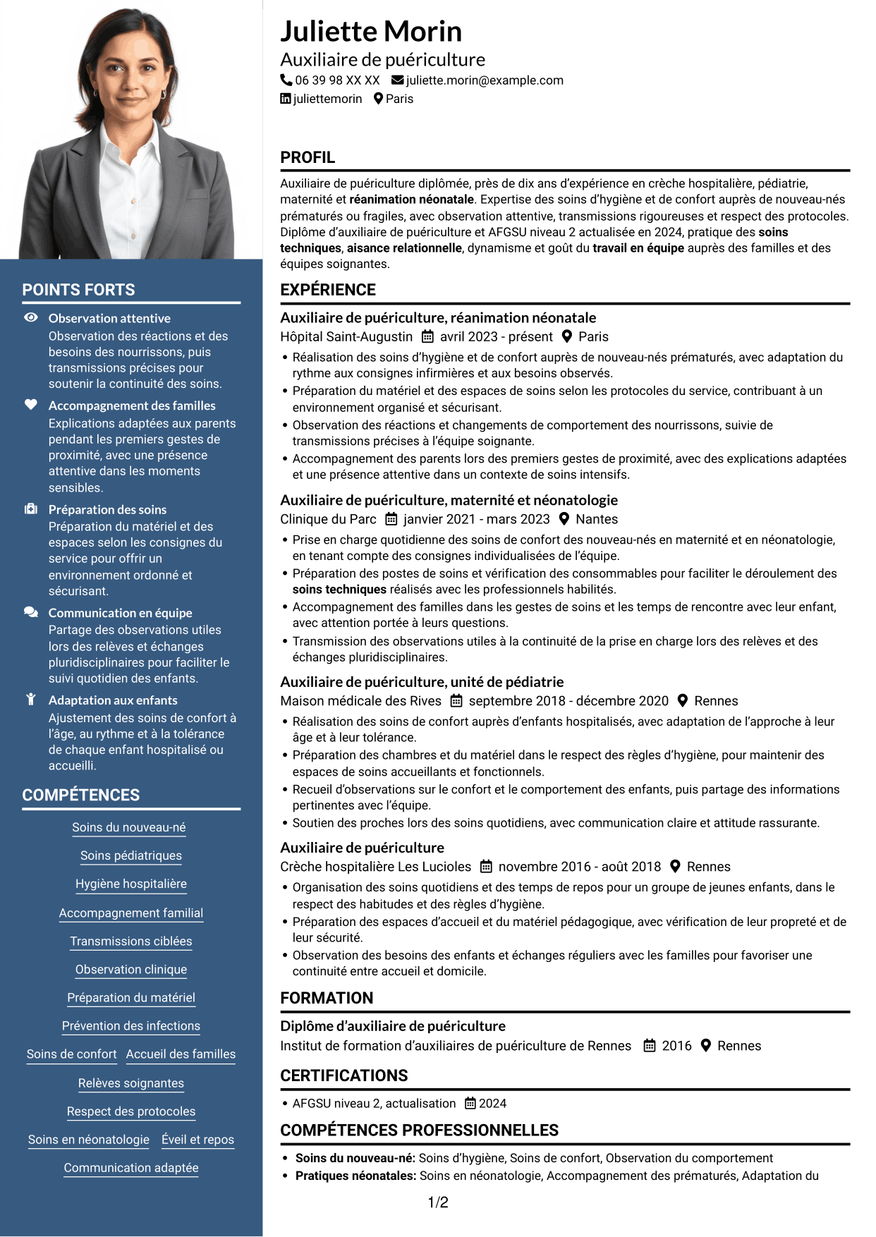 CV Signature (format à colonne latérale colorée avec grande photo) : Auxiliaire de puériculture - Réanimation néonatale, page 1