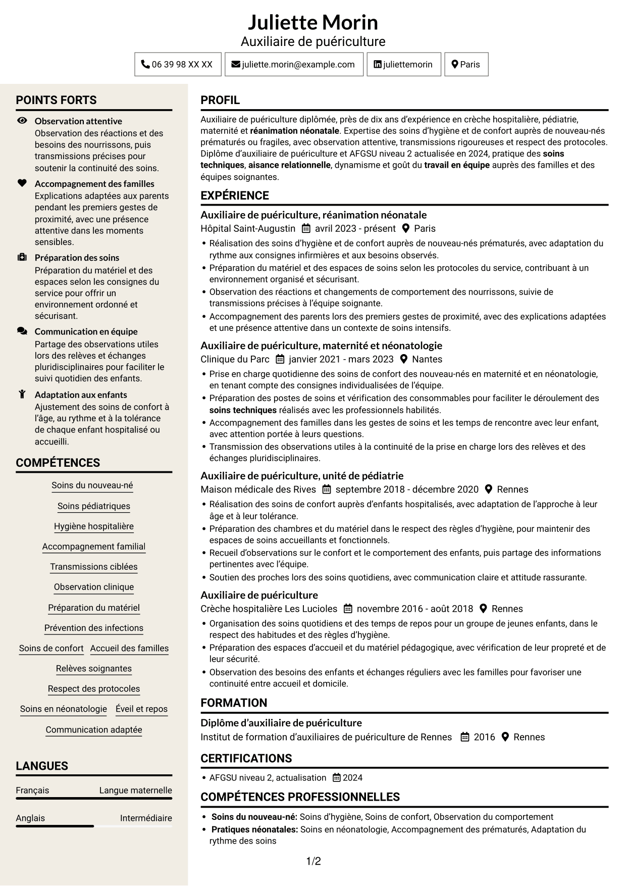 CV Fonceur (format à deux colonnes avec en-tête centré sans photo) : Auxiliaire de puériculture - Réanimation néonatale, page 1