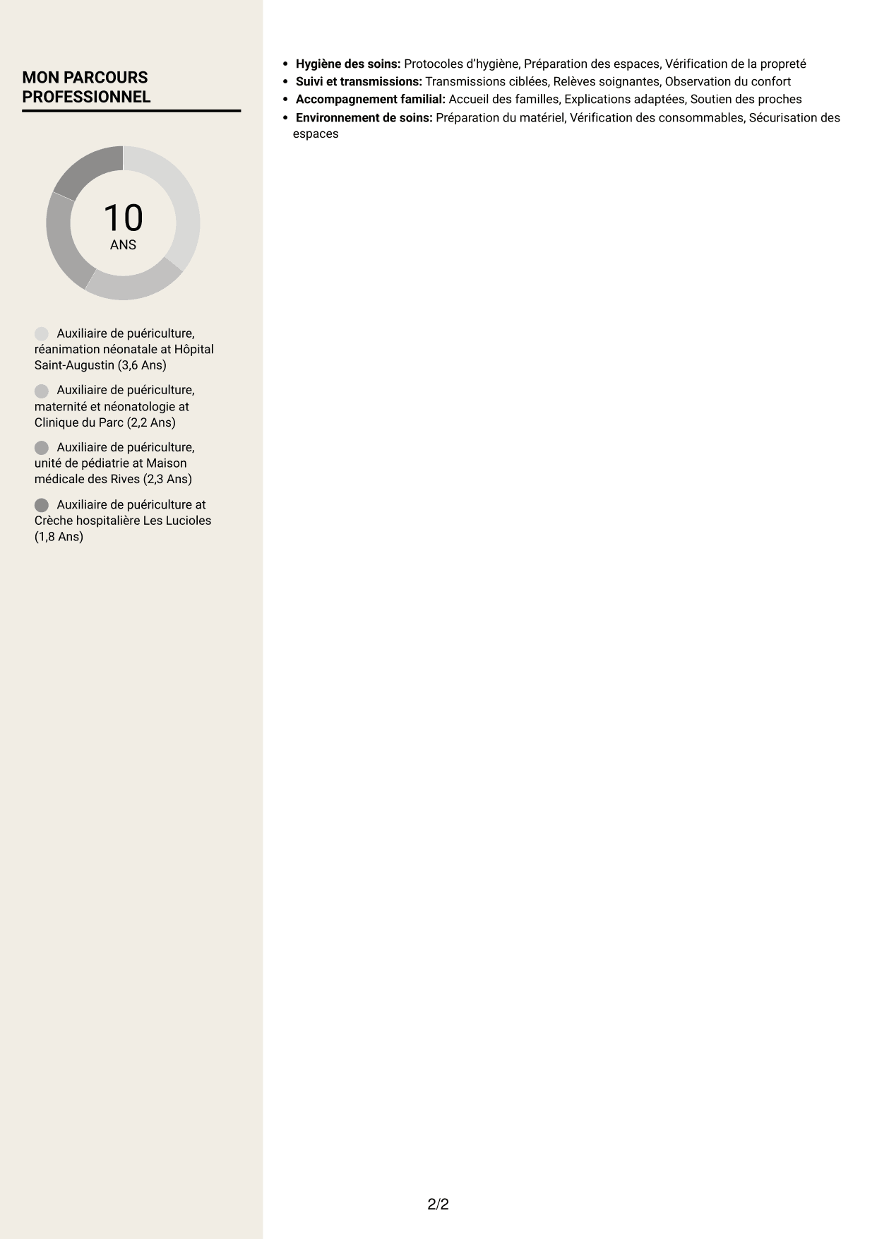 CV Fonceur (format à deux colonnes avec en-tête centré sans photo) : Auxiliaire de puériculture - Réanimation néonatale, page 2