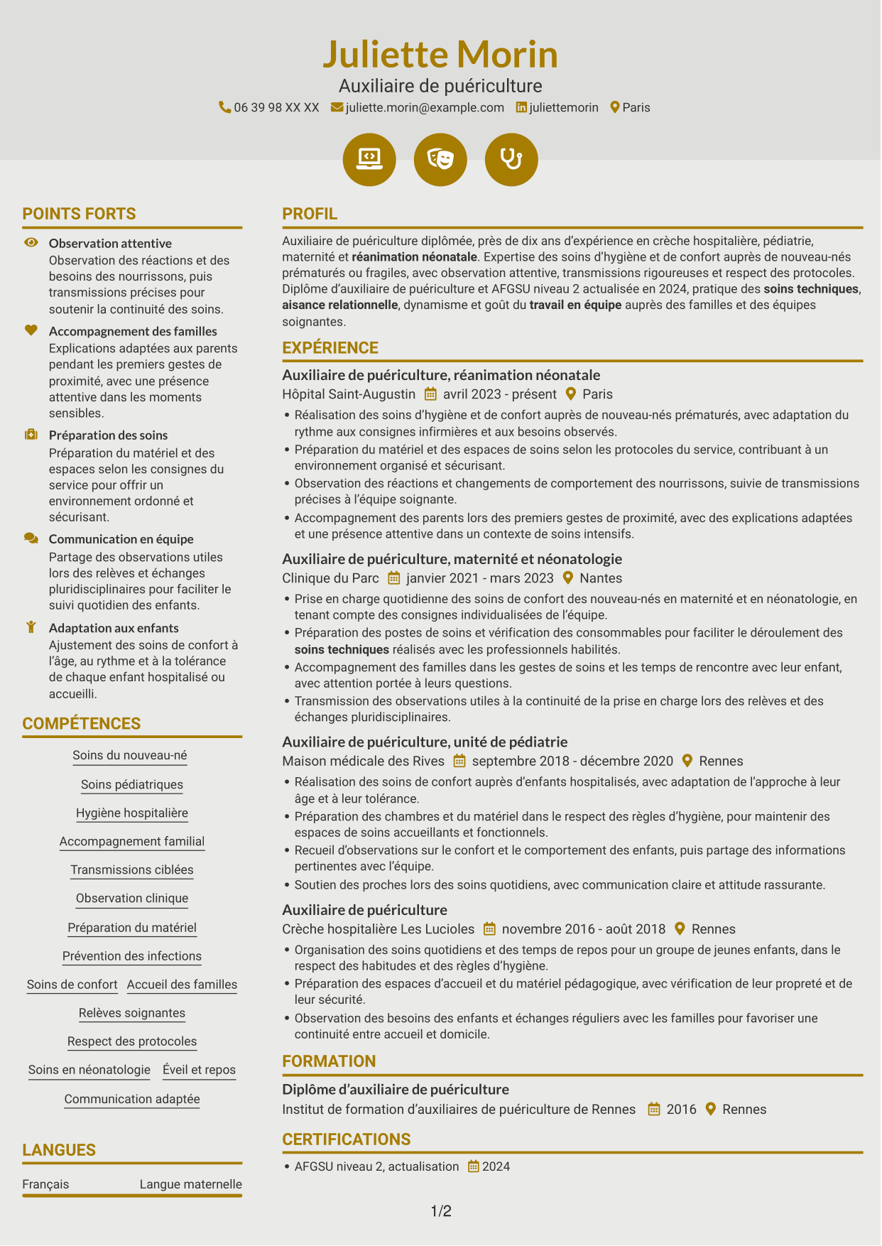 CV Dynamique (format à deux colonnes avec icônes) : Auxiliaire de puériculture - Réanimation néonatale, page 1