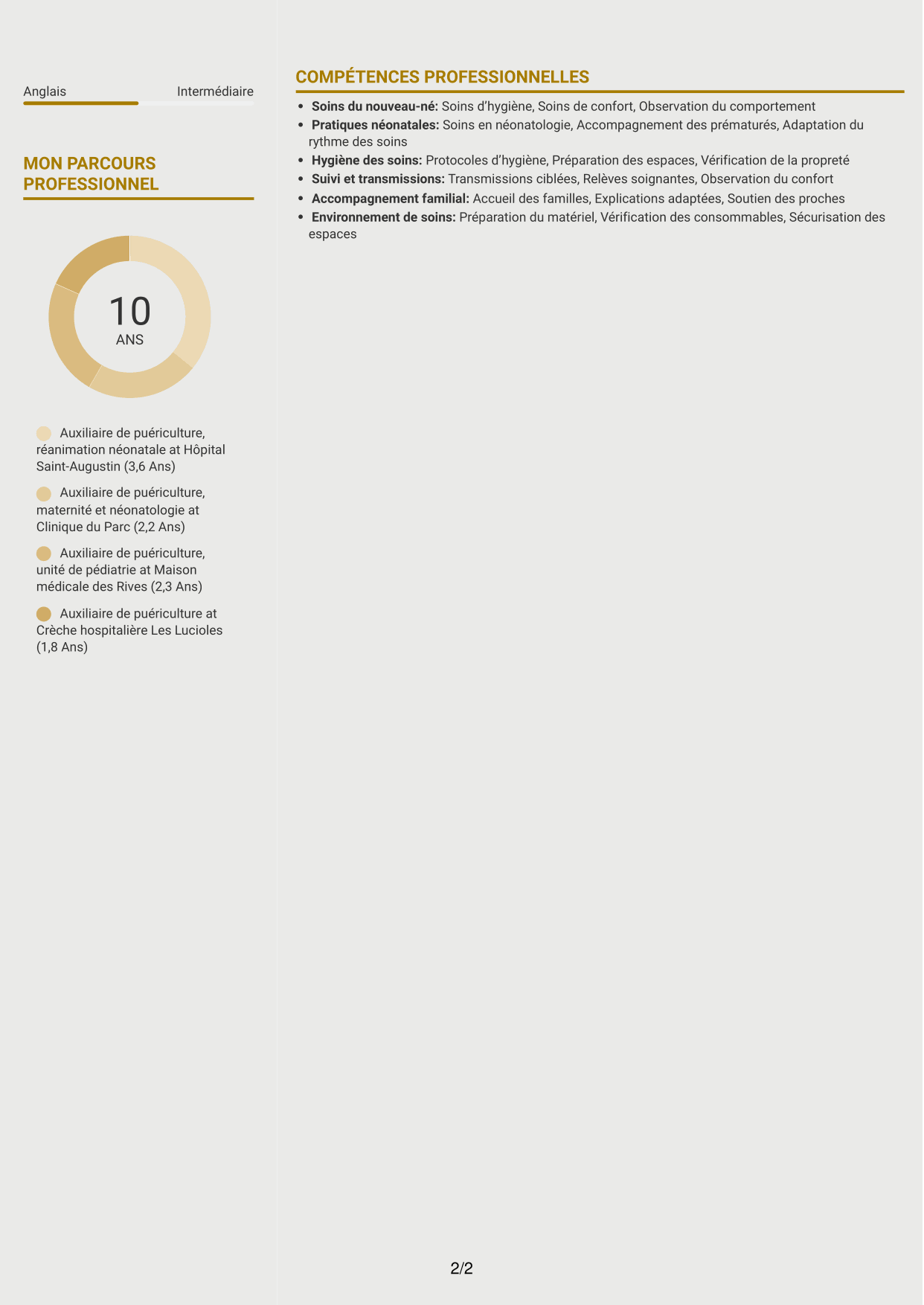 CV Dynamique (format à deux colonnes avec icônes) : Auxiliaire de puériculture - Réanimation néonatale, page 2
