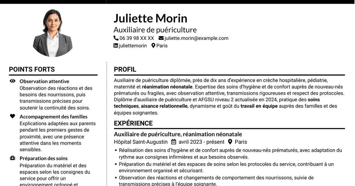 7 modèles de CV pour Auxiliaire de puériculture - Réanimation néonatale, avec exemples