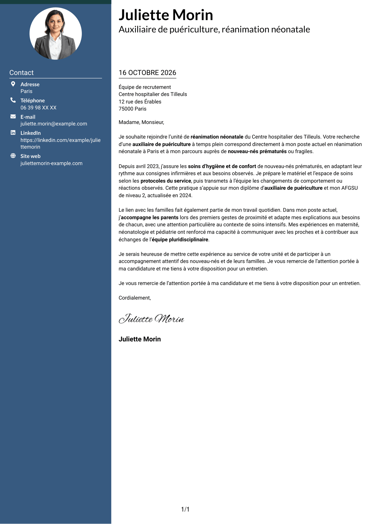Lettre de motivation Élégant (format à colonne latérale colorée avec photo) : Auxiliaire de puériculture - Réanimation néonatale, page 1