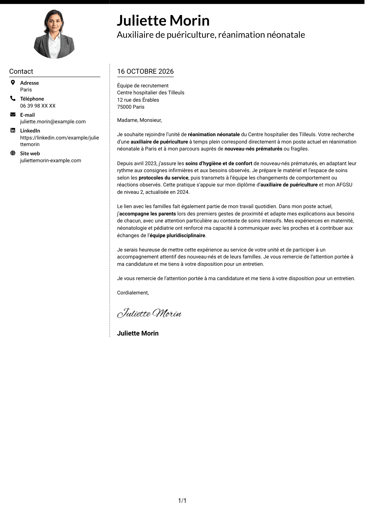 Lettre de motivation Moderne (format à deux colonnes avec photo à gauche et séparateur) : Auxiliaire de puériculture - Réanimation néonatale, page 1