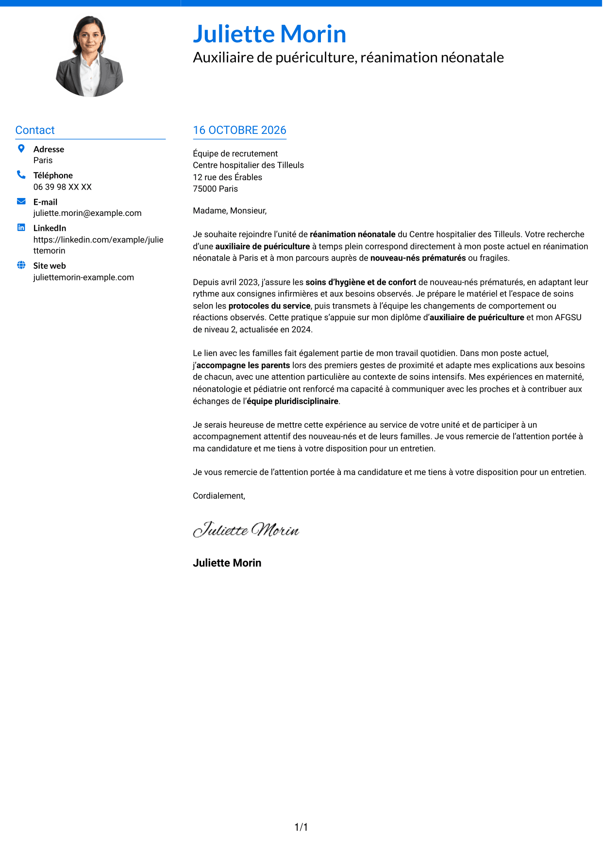 Lettre de motivation Audacieux (format à deux colonnes avec accents colorés et photo) : Auxiliaire de puériculture - Réanimation néonatale, page 1