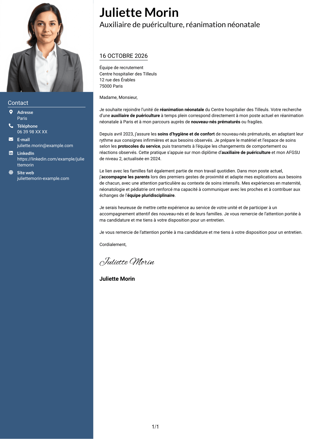 Lettre de motivation Signature (format à colonne latérale colorée avec grande photo) : Auxiliaire de puériculture - Réanimation néonatale, page 1