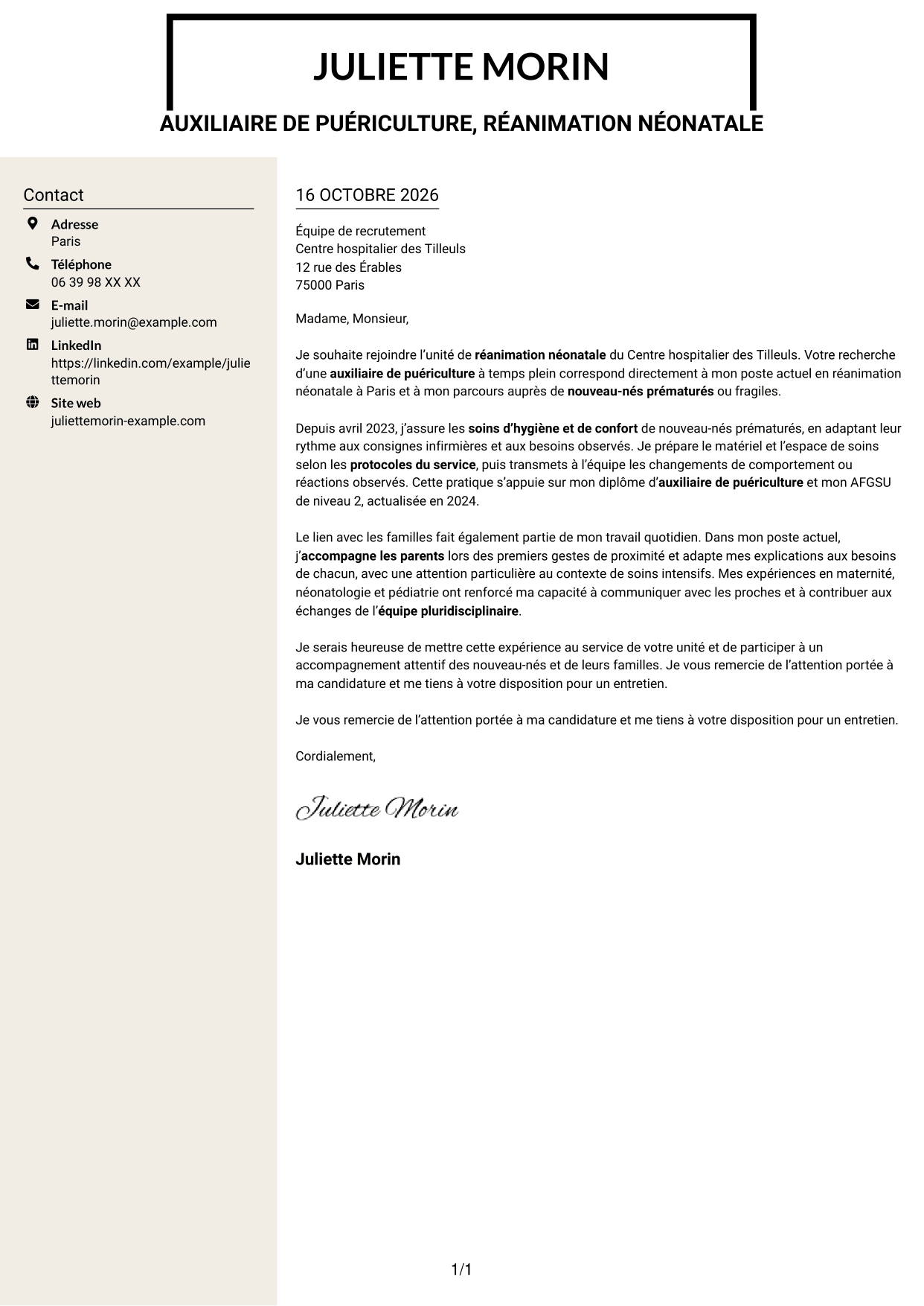 Lettre de motivation Fonceur (format à deux colonnes avec en-tête centré sans photo) : Auxiliaire de puériculture - Réanimation néonatale, page 1