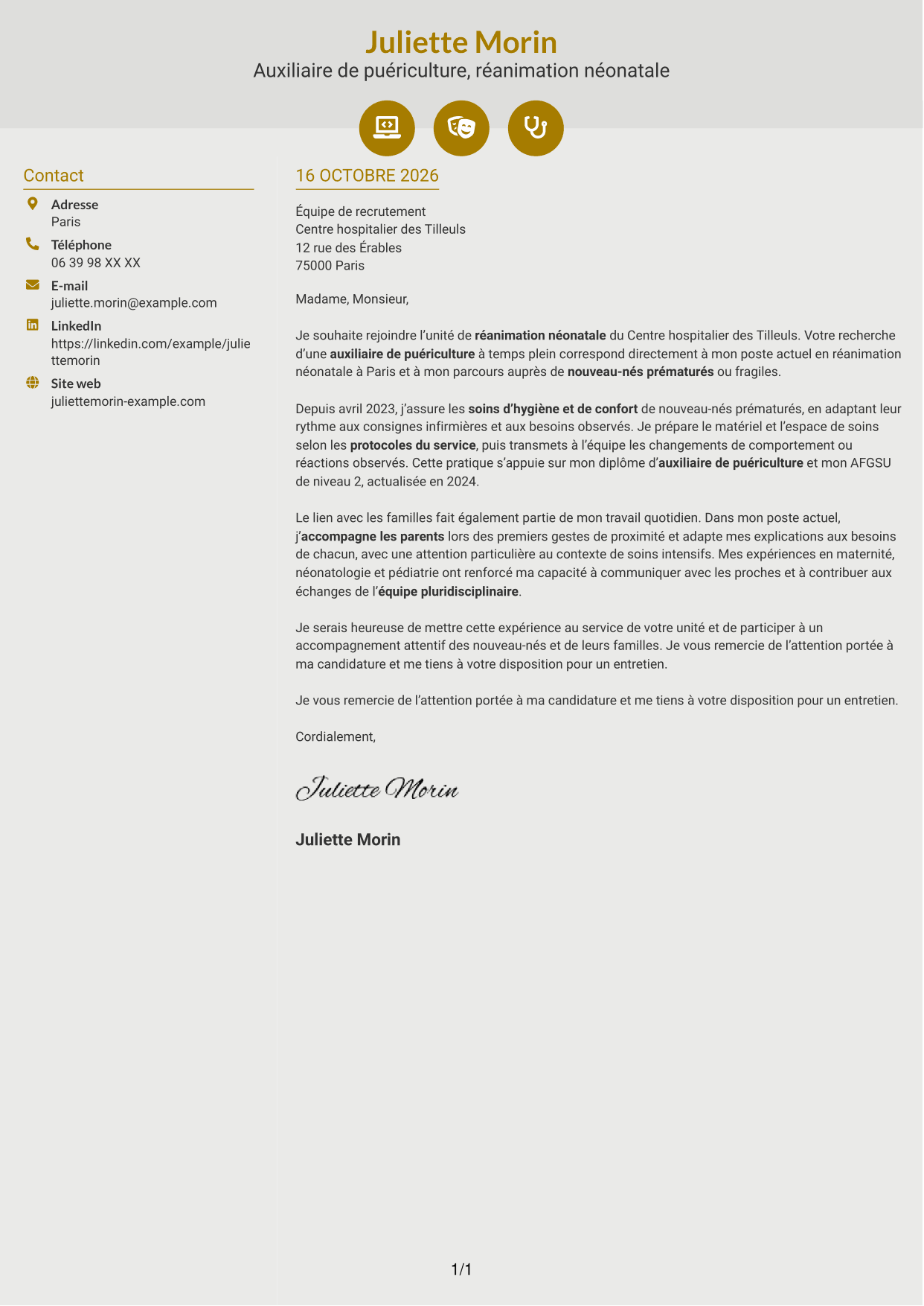 Lettre de motivation Dynamique (format à deux colonnes avec icônes) : Auxiliaire de puériculture - Réanimation néonatale, page 1