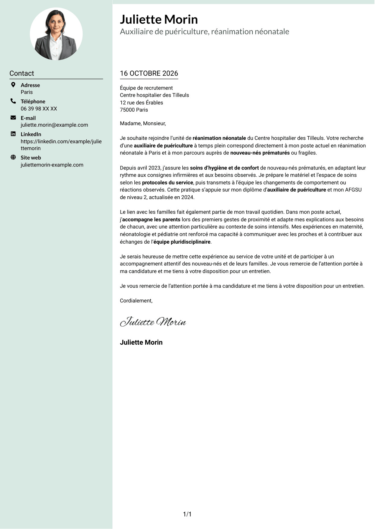 Lettre de motivation Cadre (format à colonne latérale douce avec photo arrondie) : Auxiliaire de puériculture - Réanimation néonatale, page 1