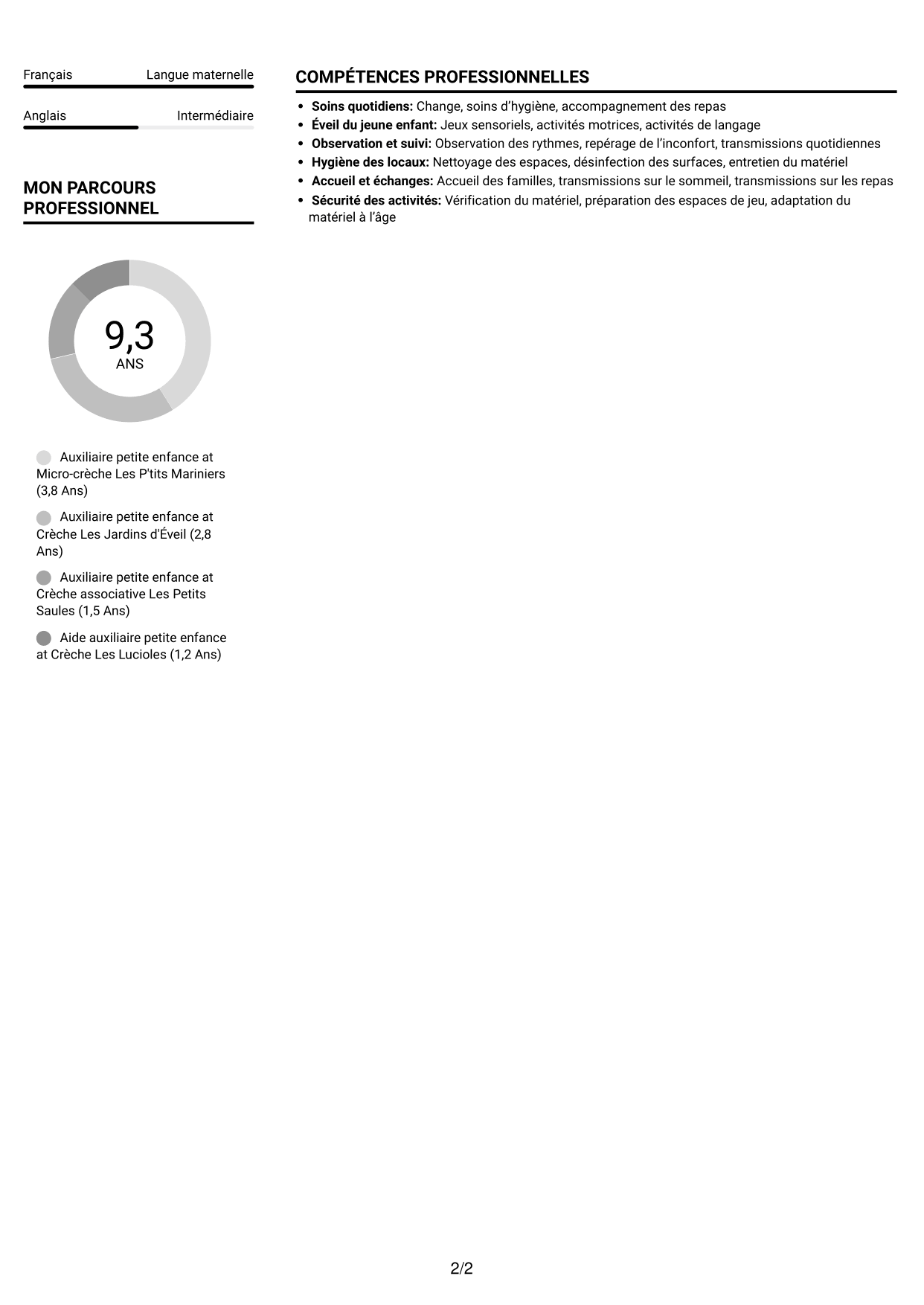 CV Compact (format sobre à deux colonnes avec photo) : Auxiliaire petite enfance - Éveil et soins des 0-3 ans, page 2