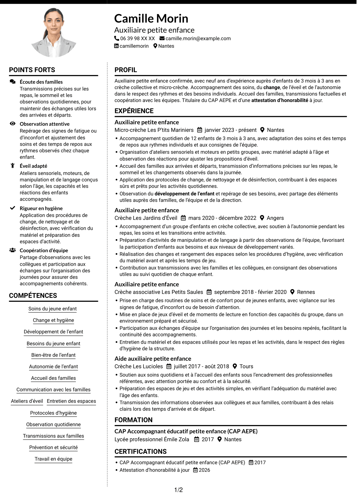 CV Moderne (format à deux colonnes avec photo à gauche et séparateur) : Auxiliaire petite enfance - Éveil et soins des 0-3 ans, page 1