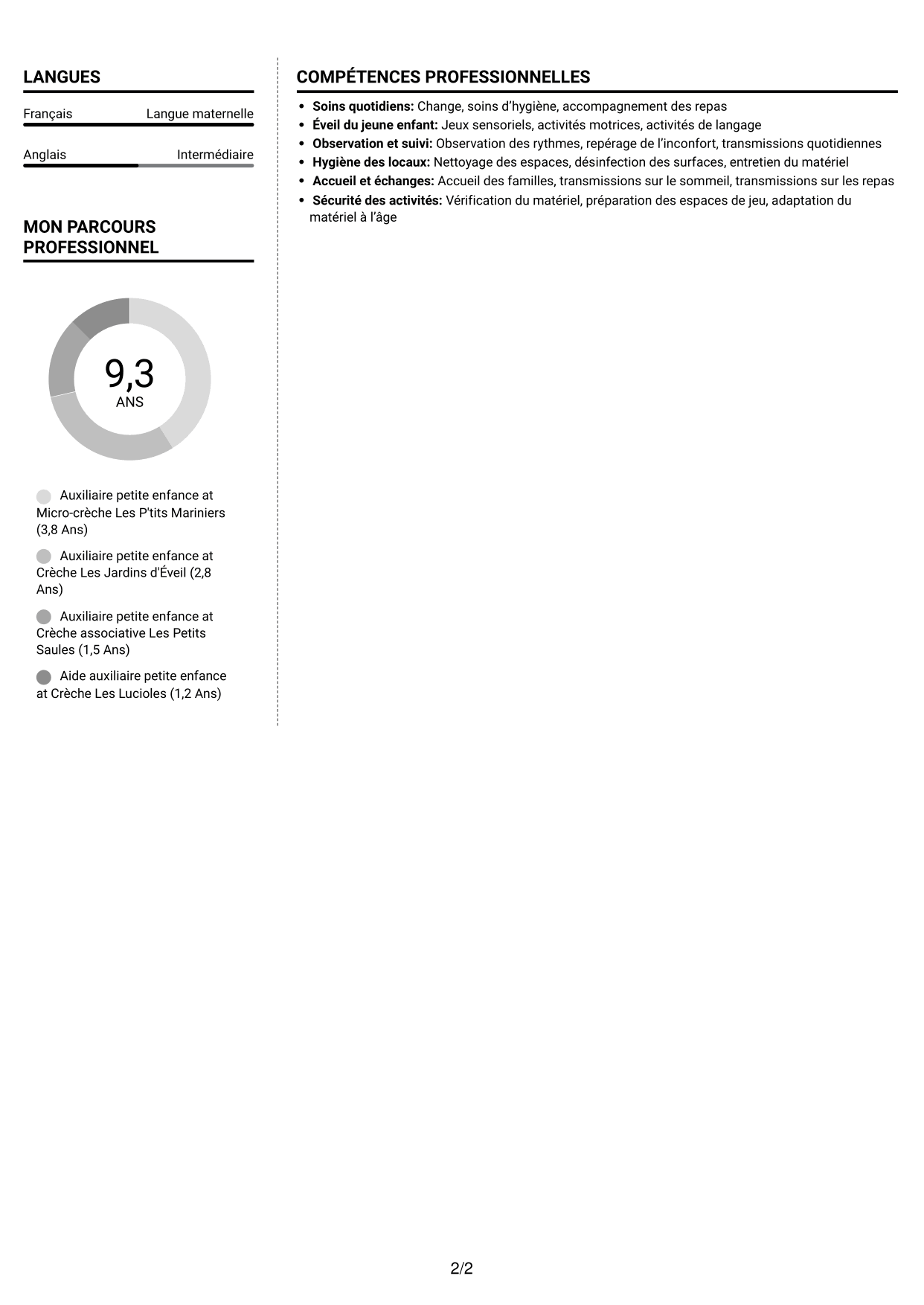 CV Moderne (format à deux colonnes avec photo à gauche et séparateur) : Auxiliaire petite enfance - Éveil et soins des 0-3 ans, page 2