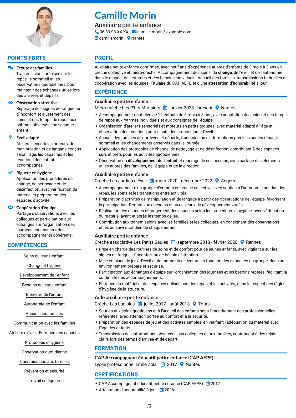 CV Audacieux (format à deux colonnes avec accents colorés et photo) : Auxiliaire petite enfance - Éveil et soins des 0-3 ans, page 1