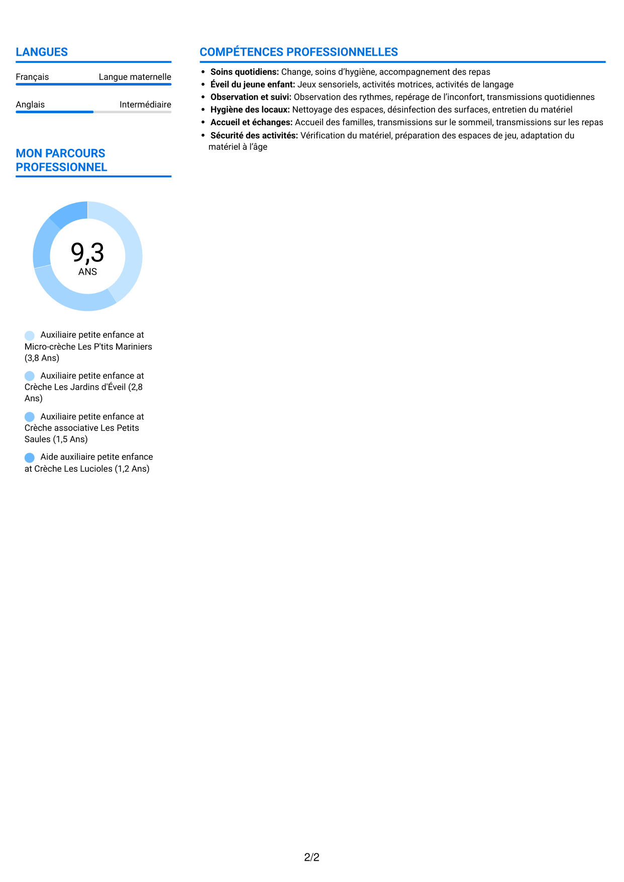CV Audacieux (format à deux colonnes avec accents colorés et photo) : Auxiliaire petite enfance - Éveil et soins des 0-3 ans, page 2