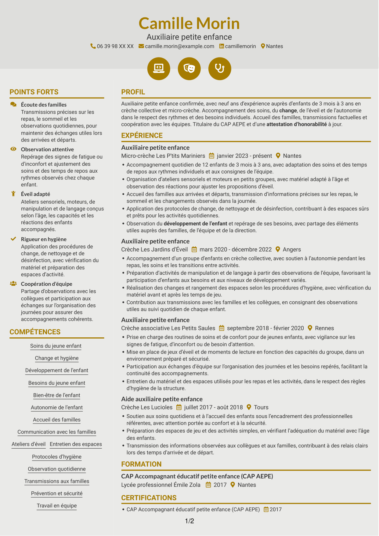 CV Dynamique (format à deux colonnes avec icônes) : Auxiliaire petite enfance - Éveil et soins des 0-3 ans, page 1
