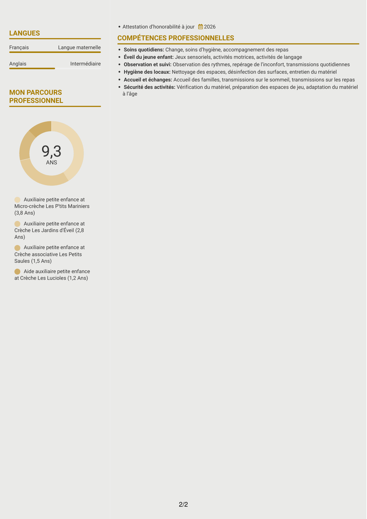 CV Dynamique (format à deux colonnes avec icônes) : Auxiliaire petite enfance - Éveil et soins des 0-3 ans, page 2